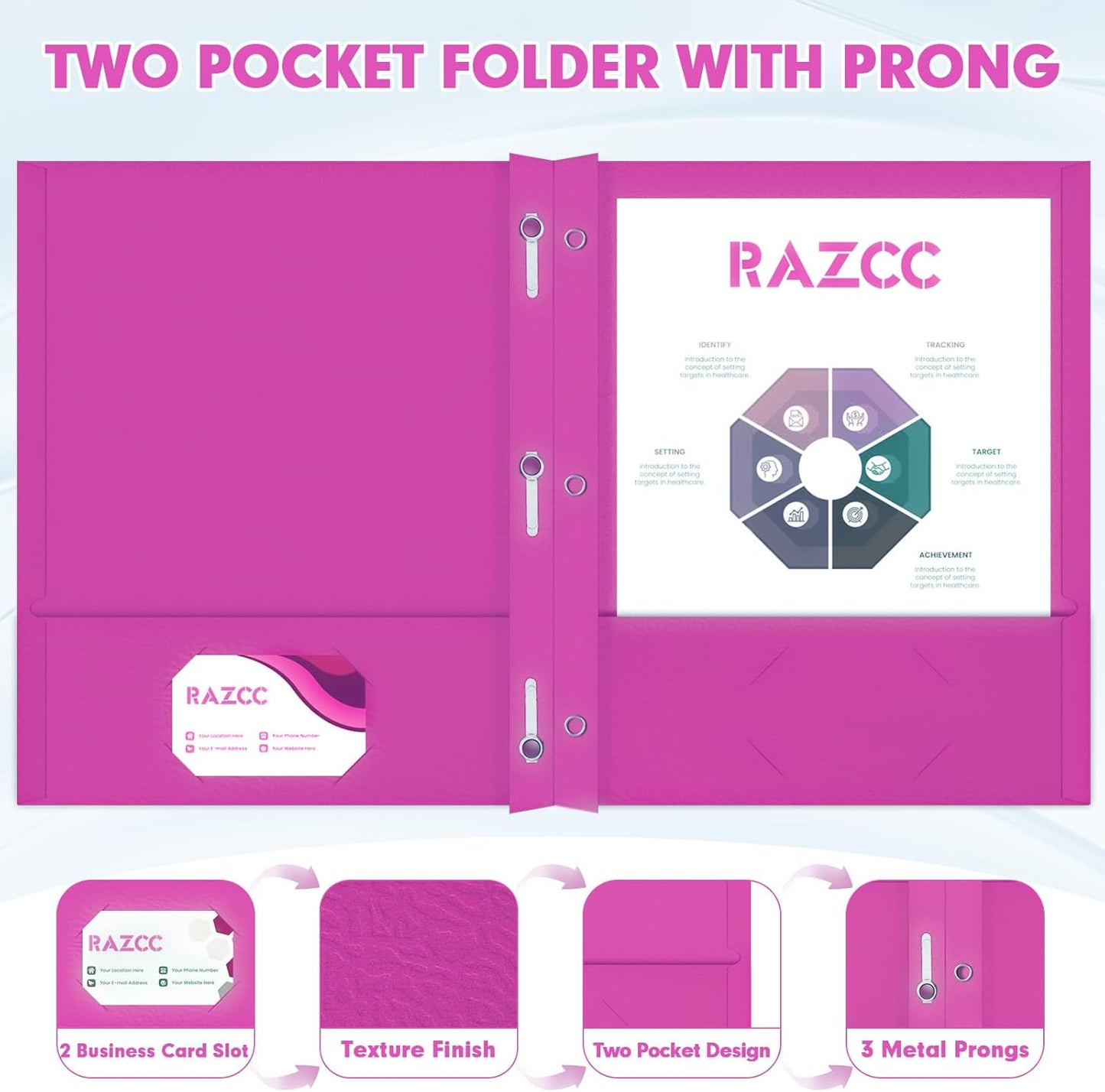 Two Pocket Folders, RAZCC 75 Pack Two Pocket Folders with Prongs, 3 Prong Folders Fit Letter Size Paper, Pocket File Folders for School Office Home Business, Rose Purple
