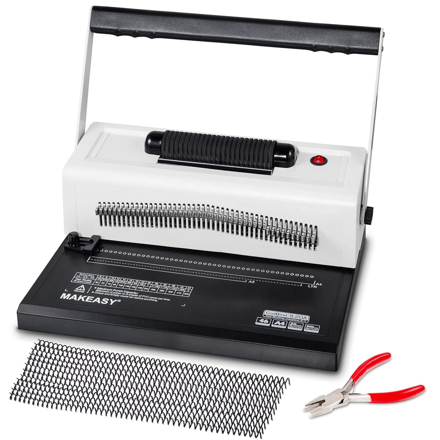 MAKEASY Spiral Coil Binding Machine with 46 Fully Disengaging Pins - Electric Coil Inserter - Adjustable Side Margin, Comes with Free 1 Box Coil Spines & Plier, 20 Sheet Punch Capacity