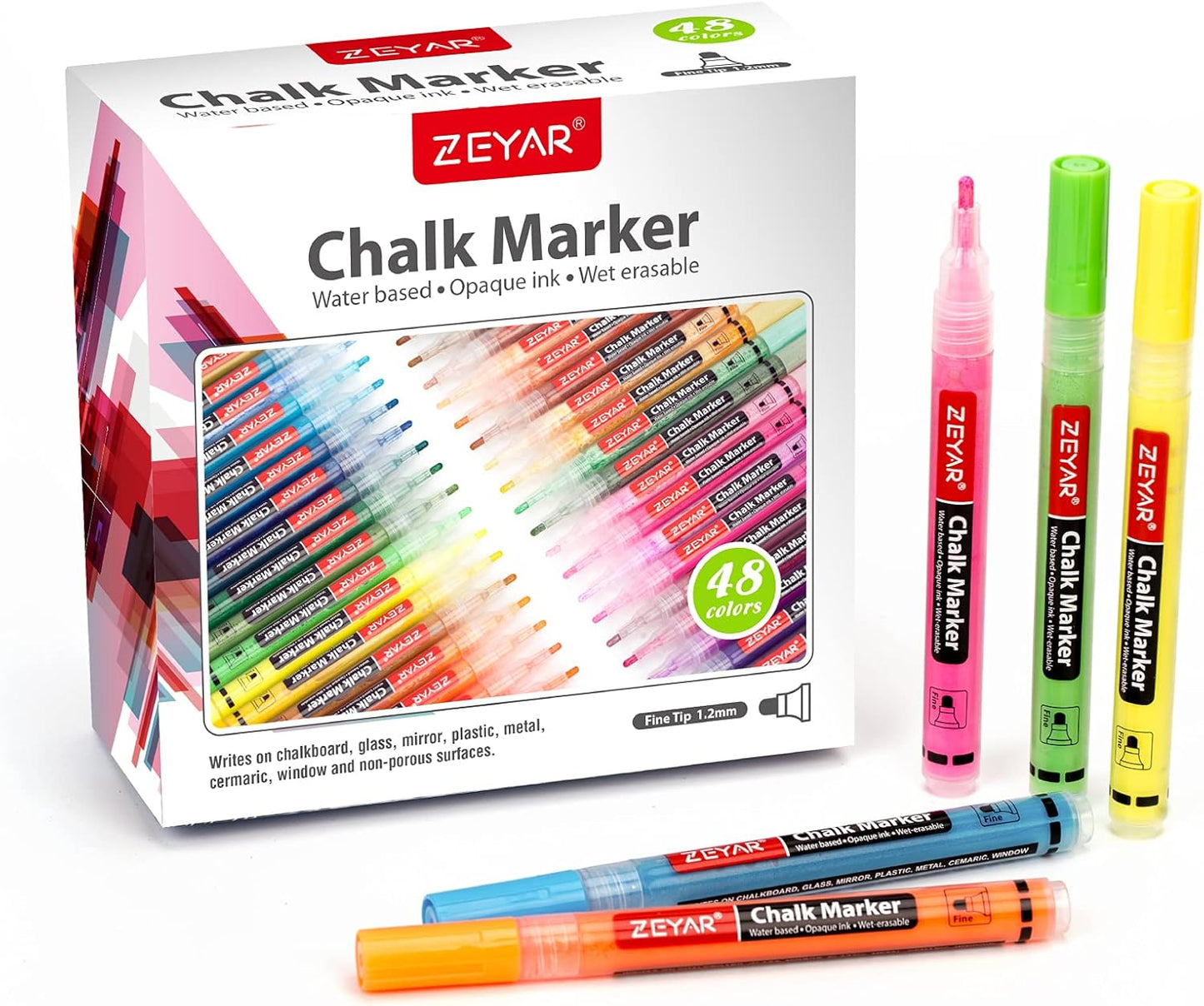 ZEYAR Liquid Chalk Marker, Wet Erase Marker, Water-Based Opaque Ink, Fine Tip for Detailed Drawing, Writes on Nonporous Chalkboards, Bistro Boards, Windows, Plastic and more (48 Full Colors)