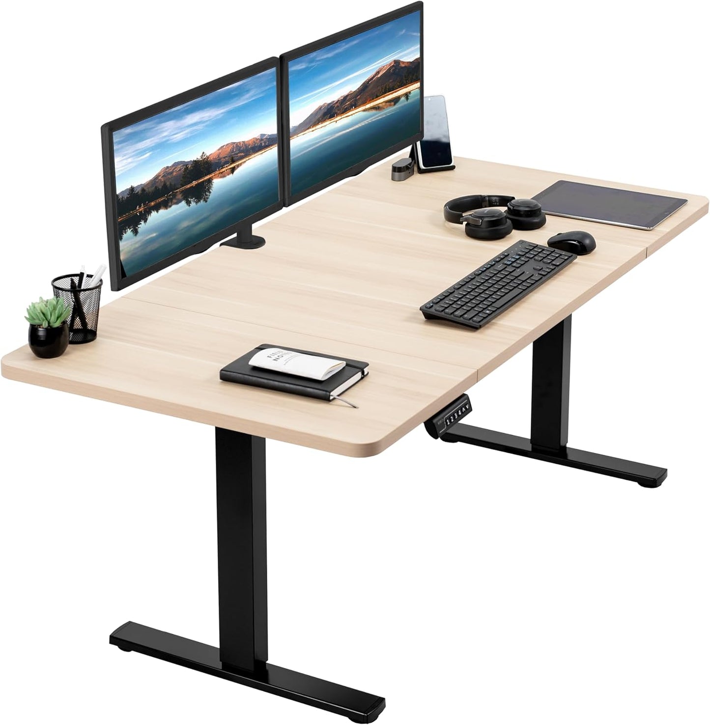 VIVO Electric 60 x 30 in Standing Desk, Memory Height Adjustment, 1B Series, Light Wood Top Black Frame, DESK-KIT-1B6C-30