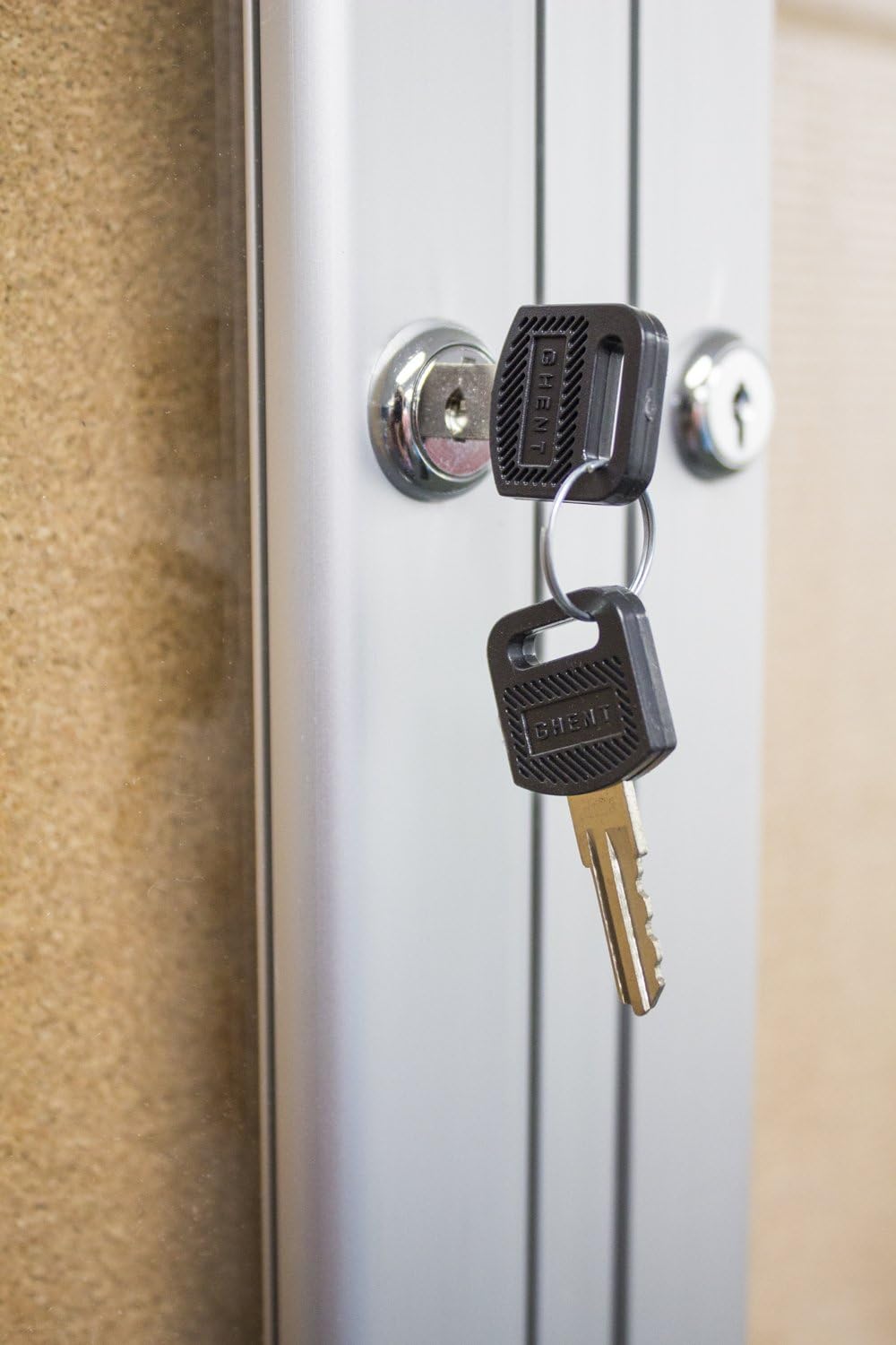 Ghent 48"x72" 3-Door indoor Enclosed Bulletin Board , Shatter Resistant, with Lock, Satin Aluminum Frame Natural Cork (PA34872K) Made in the USA