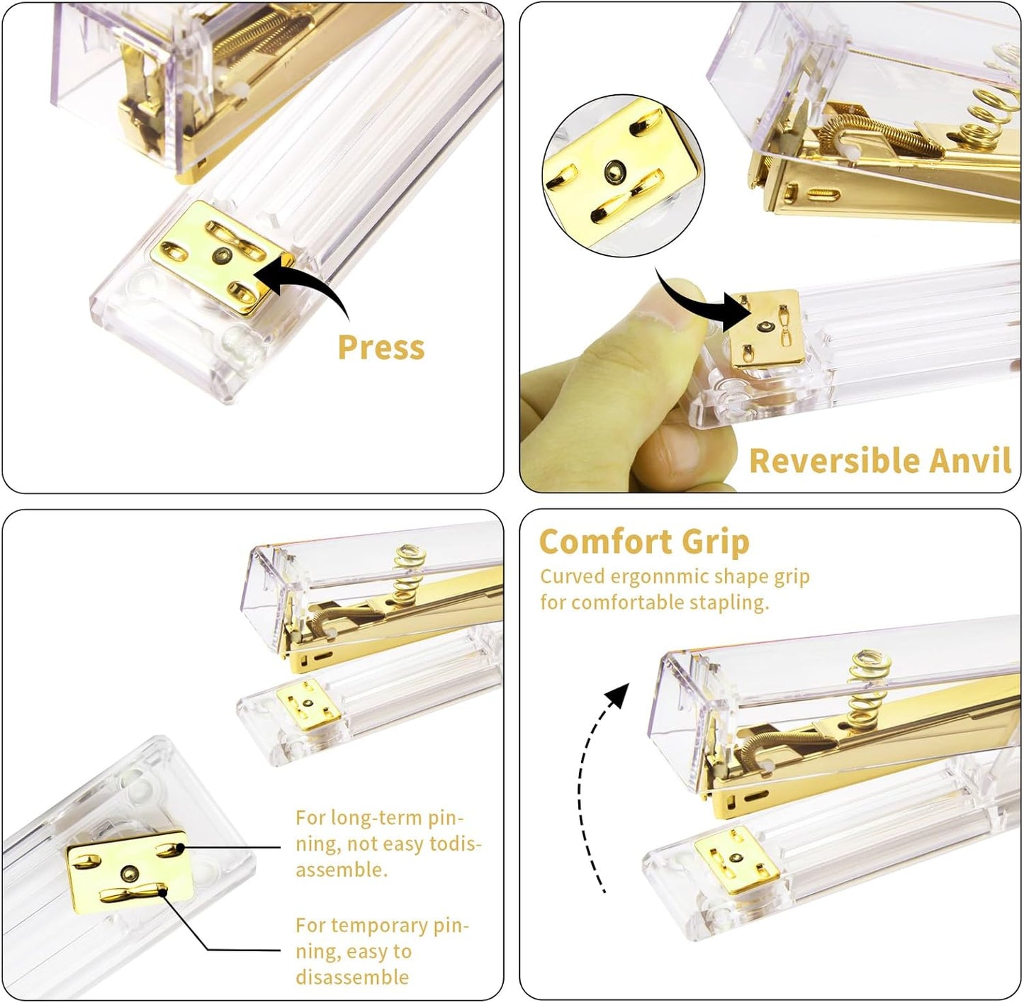 Gold Desk Accessories, Office Supplies Set with Acrylic Stapler, Tape Dispenser, Staple Remover, Pen Holder, Scissor, Binder Paper Clips, 1 Ballpoint Pen, 1 Clear Tape and 1000pcs Staples