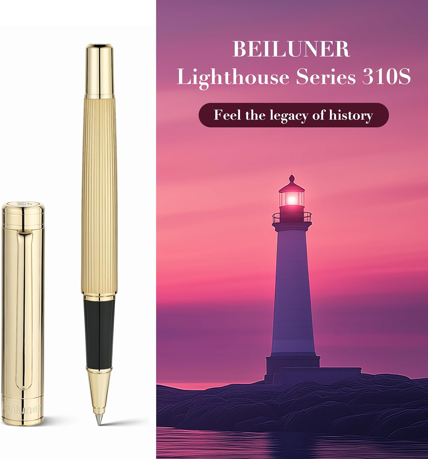 BEILUNER Lighthouse Series Rollerball Pen, 24K Gold Finish Pen Body, Exquisite Vertical Lines, Schneider 850 Refill, Nice Pen Gift Set for Men & Women, Office, Executive and Fancy Designer Pens (Gold)