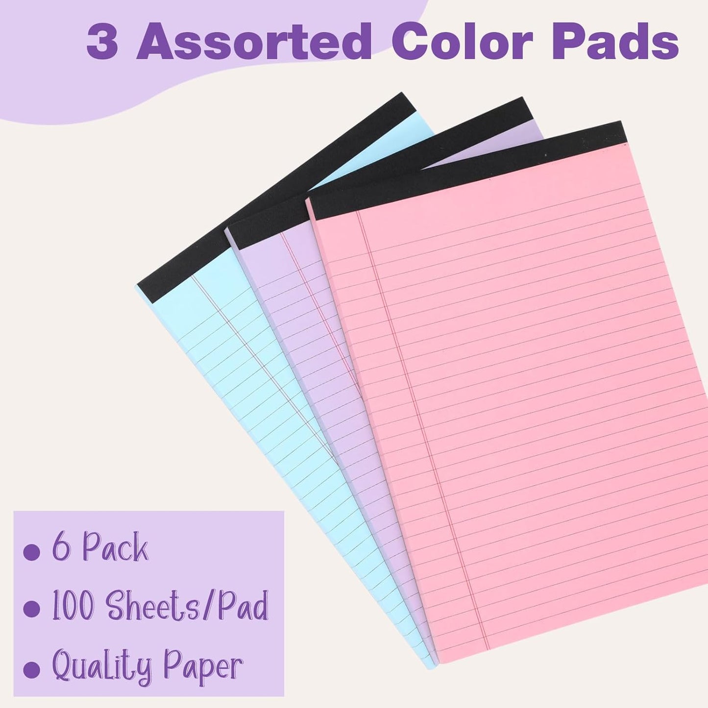 Honoson 6 Pack Legal Pads 8.5 x 11 College Ruled Colored Notepad 600 Sheets Wide Ruled Writing Pads 100 Sheets/pad Lined Paper Bulk for Office School Classroom Teacher Students Supplies, 3 Colors