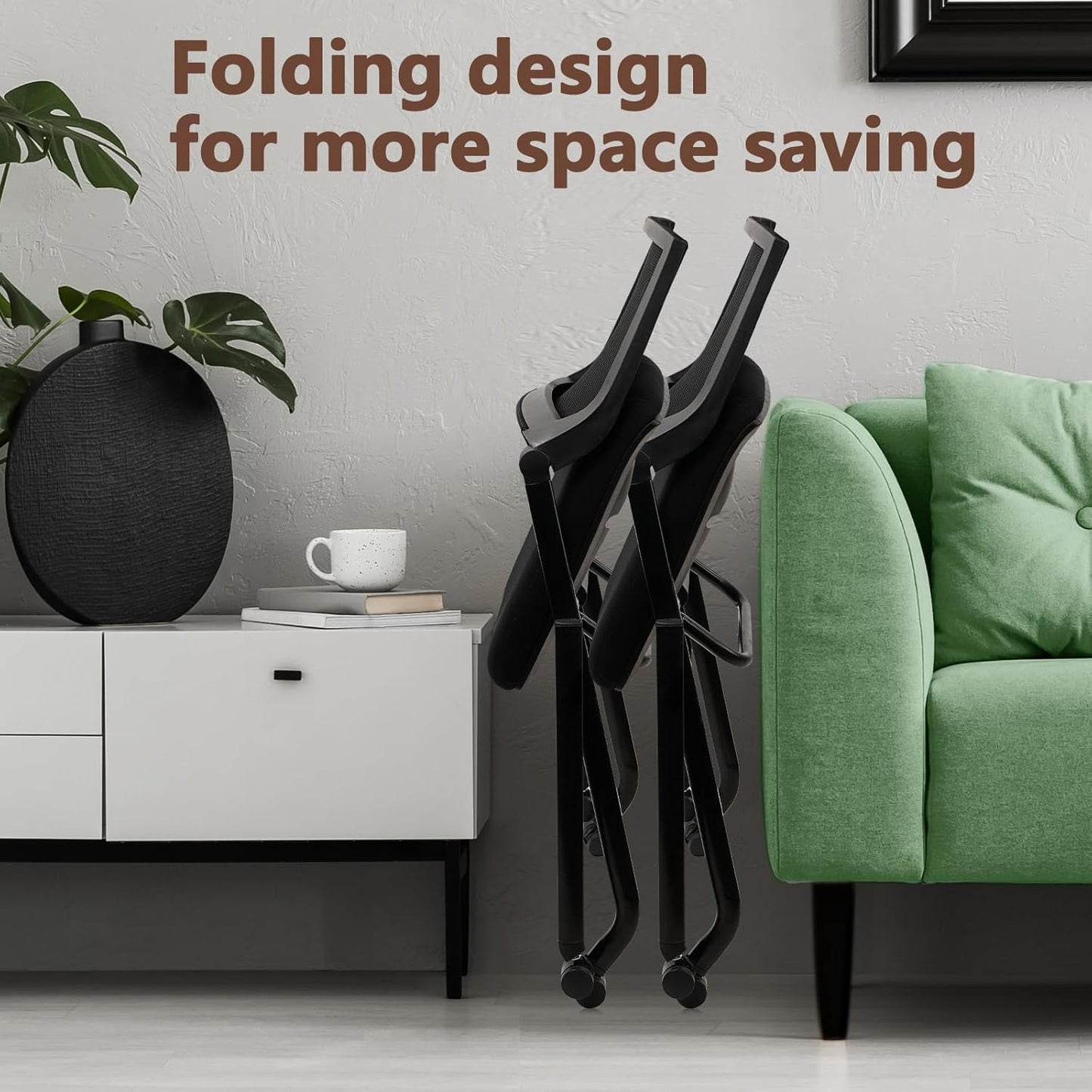 CLATINA Stackable & Foldable Conference Room Chairs, Waiting Room Chairs with Wheels & Lumbar Support, Ergonomic Mesh Bouncing Back Folding Chair for Office Meeting Schools Training Room, Black(4pk)