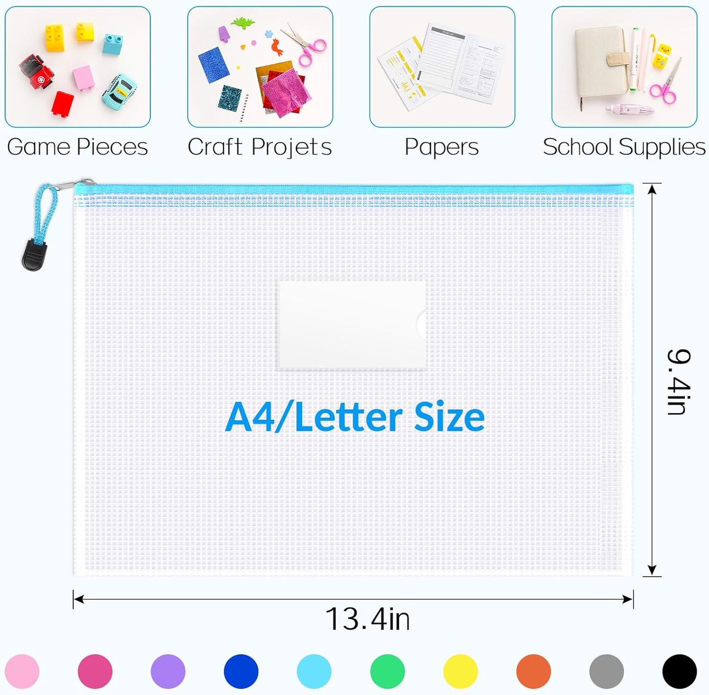 Sooez 20 Pack Mesh Zipper Pouch Bags, A4 Letter Size, Zipper Bags with Label Pocket, Waterproof Pouches for Classroom Organization, Board Game Storage, Document Bag for Teacher School Office Supplies