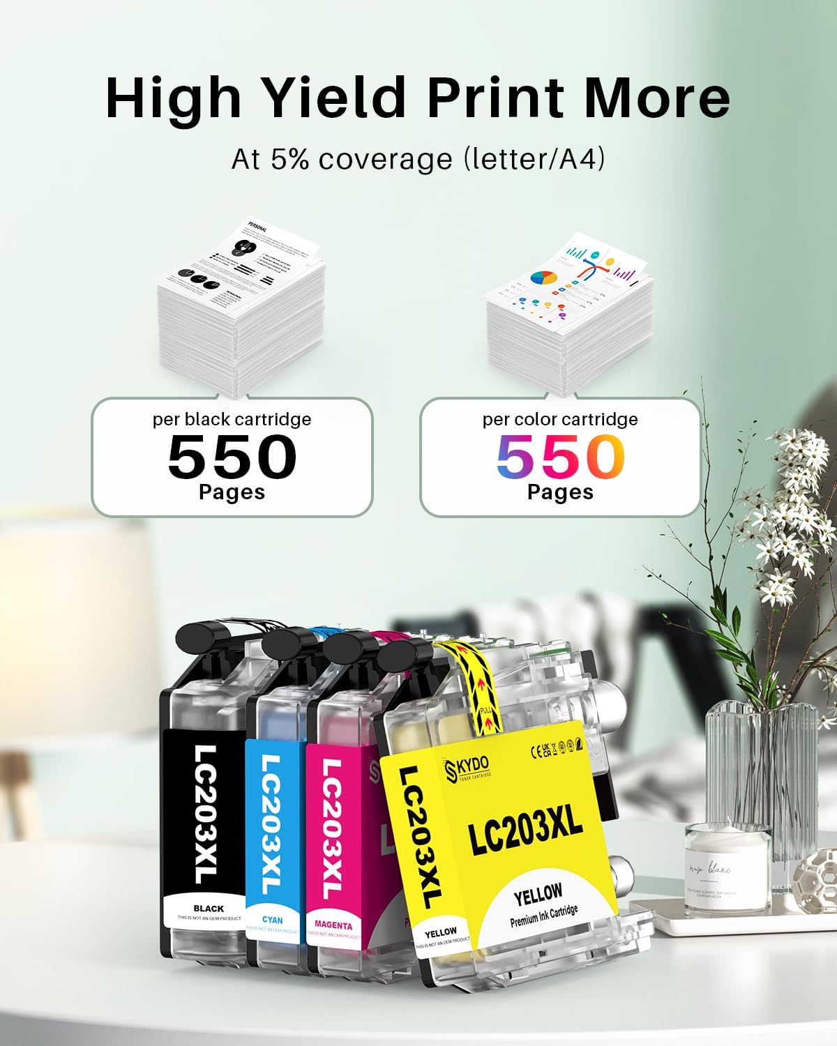 LC203XL Ink Cartridges 4 Pack Replacement for LC203 XL LC 203 Color Inks Use for MFC-J480DW MFC-J4420DW MFC-J880DW MFC-J885DW MFC-J680DW (BK/C/M/Y)