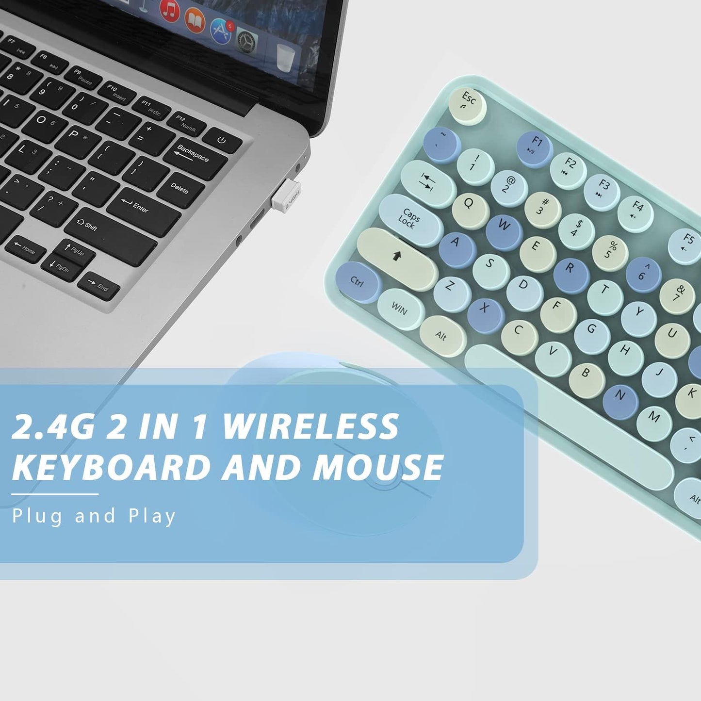 Wireless Keyboard and Mice Combo,Retro Round Keys Full-Sized Cute Keyboard, 2.4Ghz Dropout-Free Connection and Optical Mouse for Windows, Mac, PC, Laptop, Desktop (Blue-Colorful)
