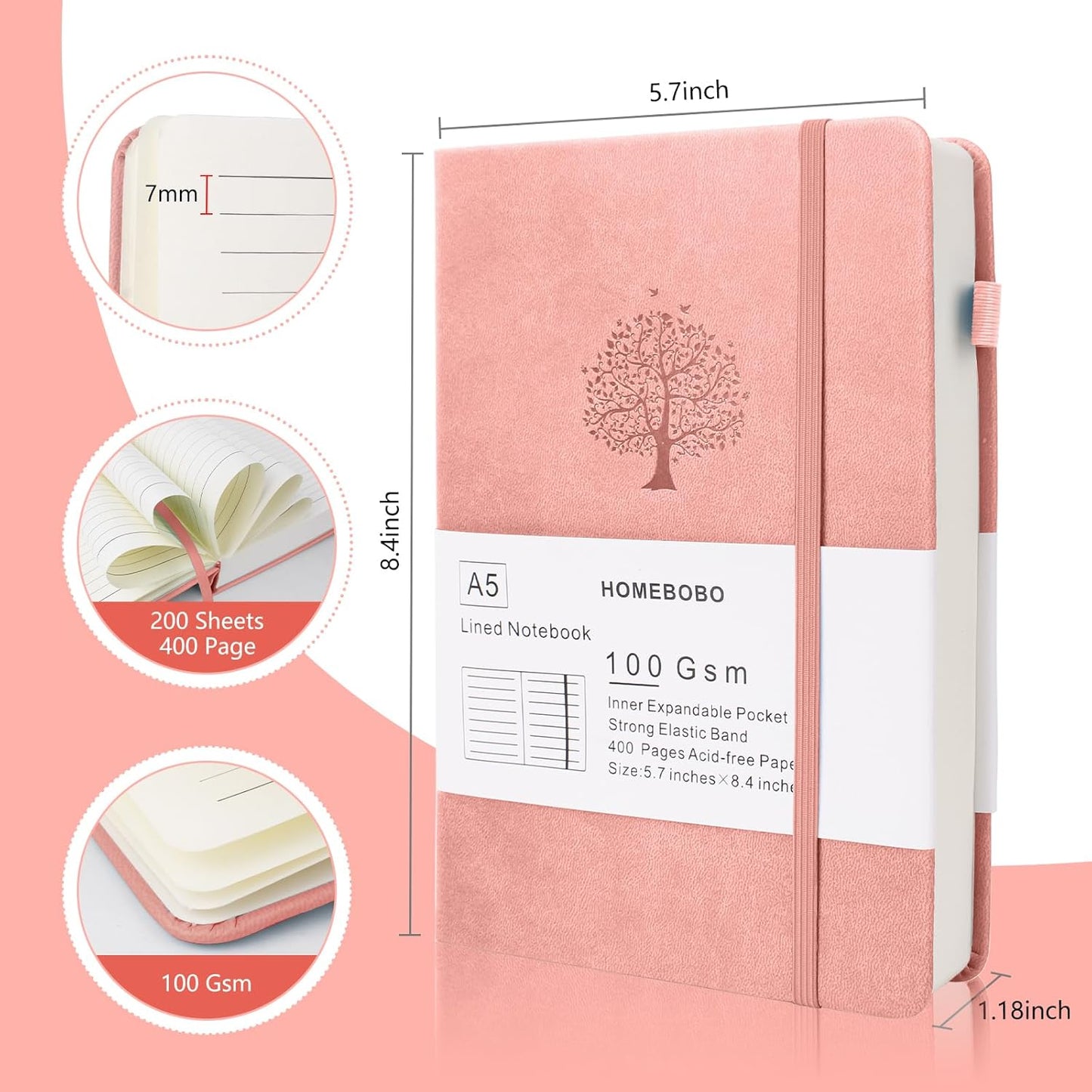 Journals for Writing, A5 Leather Ruled Notebook with 400 Pages, 100 Gms College Ruled Journal with Thick Paper, Hardcover with Inner Pocket & Pen Holder, Pink