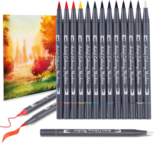 12 Colors Blendable Watercolor Markers Pens 2025 Upgrade Water Paint Set Double Tip Paint Pens with 1 Water Brush Pen Water Based Coloring Pens Drawing Markers Set with Brush Tip for Artists&Beginners