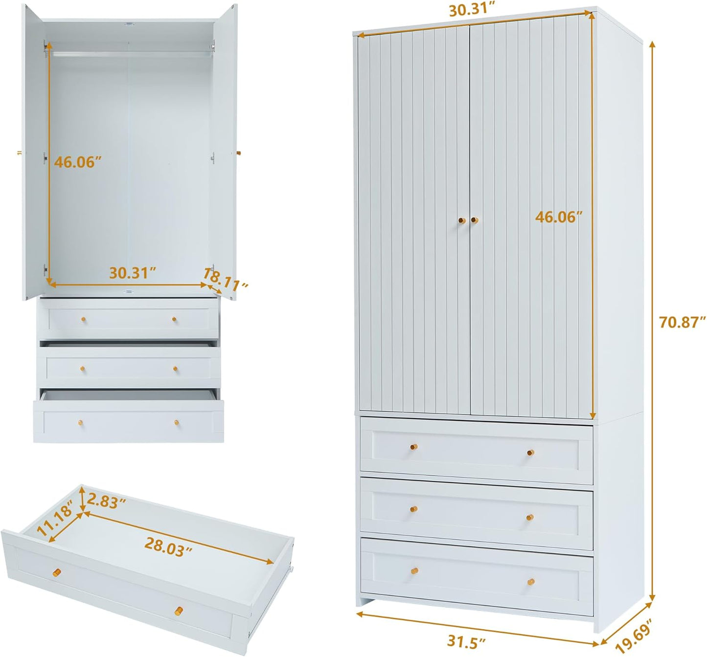 71" Wardrobe Closet Armoire, Wardrobe Armoire Wooden with 2 Doors, 3 Drawers Household Freestanding Wooden Closet Storage Cabinet for Bedroom (White)