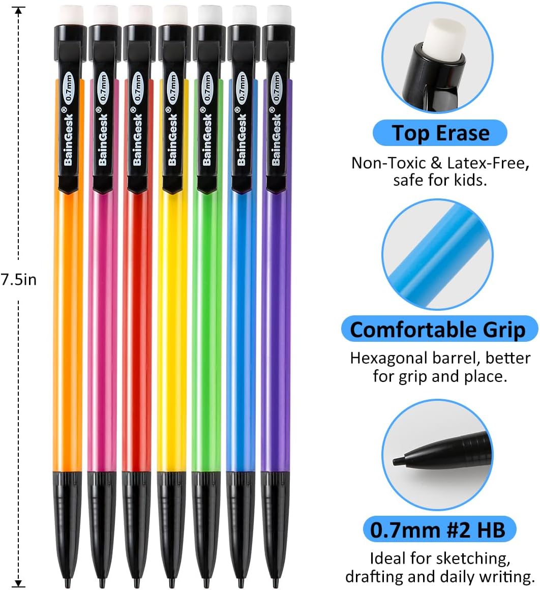 BainGesk Mechanical Pencils, 0.7mm Medium Point, HB #2 Lead, 210 Pack Bulk Mechanical Pencils and 48 Tubes Refills, Assorted Colored Barrels, Office School Supplies