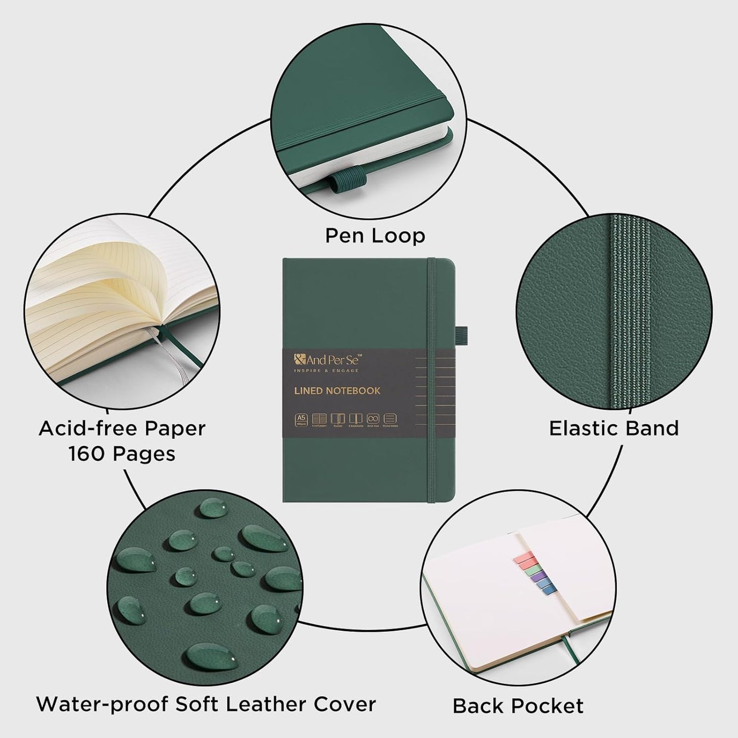 &And Per Se Lined Journal Notebook (5 Packs), 160 Pages, A5 5.7 x 8 inches College Ruled Thick Paper Notebook Journals for Writing, Hardcover Notebooks for Women Men Office School (Green)