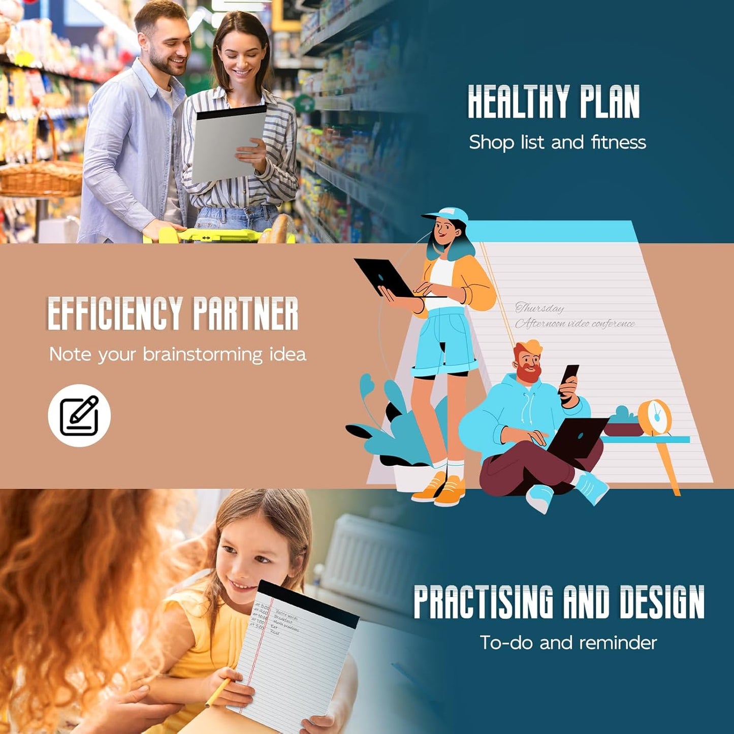 3 Pack White Legal Pads 8.5 x 11 Note Pads, Wide Ruled Notepads, Micro Perforated Lined Note Writing Pads 30 Sheets per Notepad Double-Side Printed Legal Note Pad 8.5x11'' for Home, Office, School