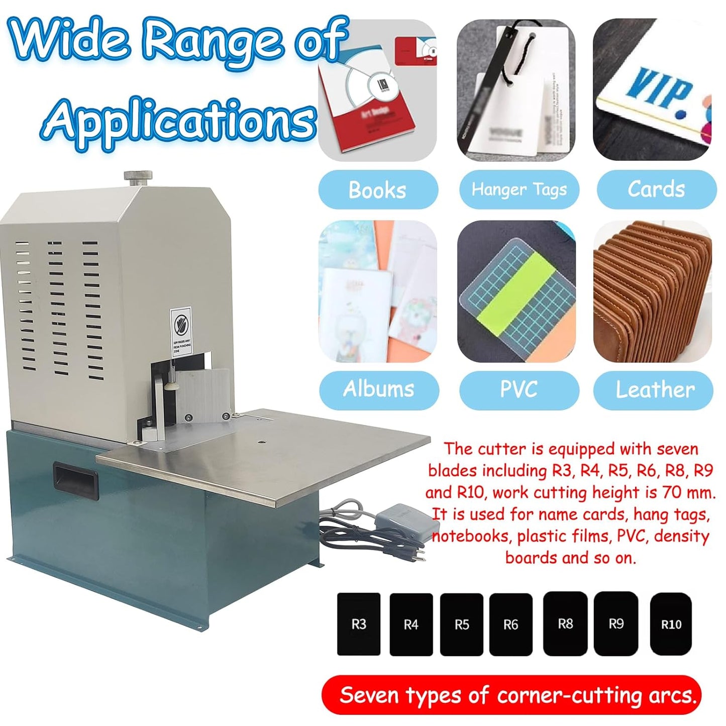 Electric Corner Rounder Machine with Foot Pedal and 7 Blades (R3-R10) 180W 110V Heavy Duty Punch Cutter with Paper Drawer Semi-Auto Metal Corner Rounding Machine for Paper/PVC/Plastic Films