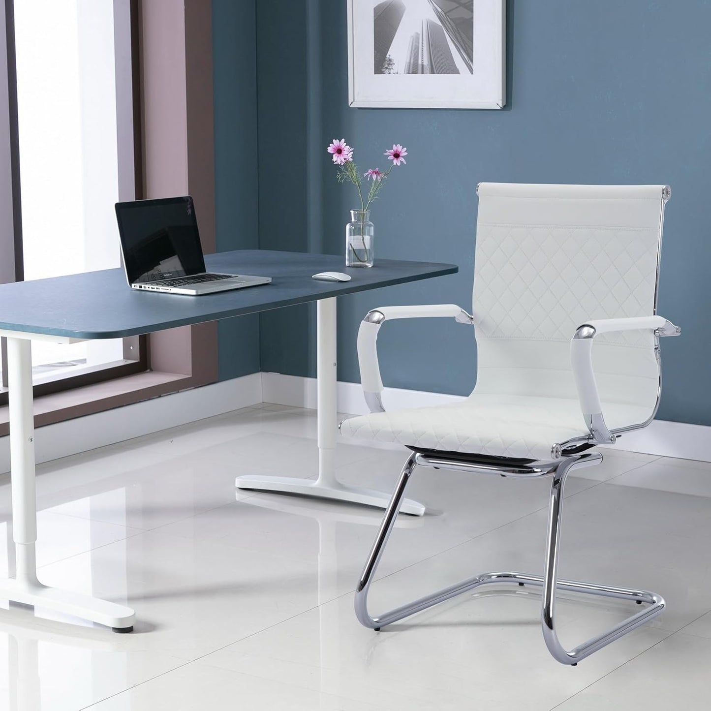 Office Guest Chairs - Reception & Waiting Room Set of 4, Modern PU Leather Desk Chairs, White