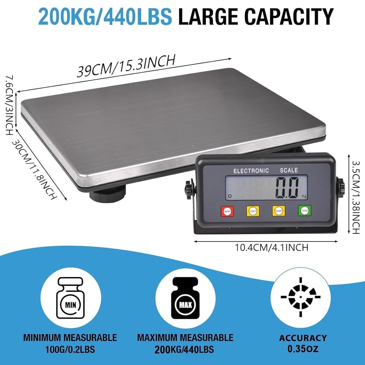 SurmountWay Large Shipping Scale, 440lb/0.35oz Digital Postal Scale with Tare/Count/Auto-Off Function, High Accurate Shipping Scale for Packages,Small Business,Luggage,Warehouse,Home (15.3"x11.8")