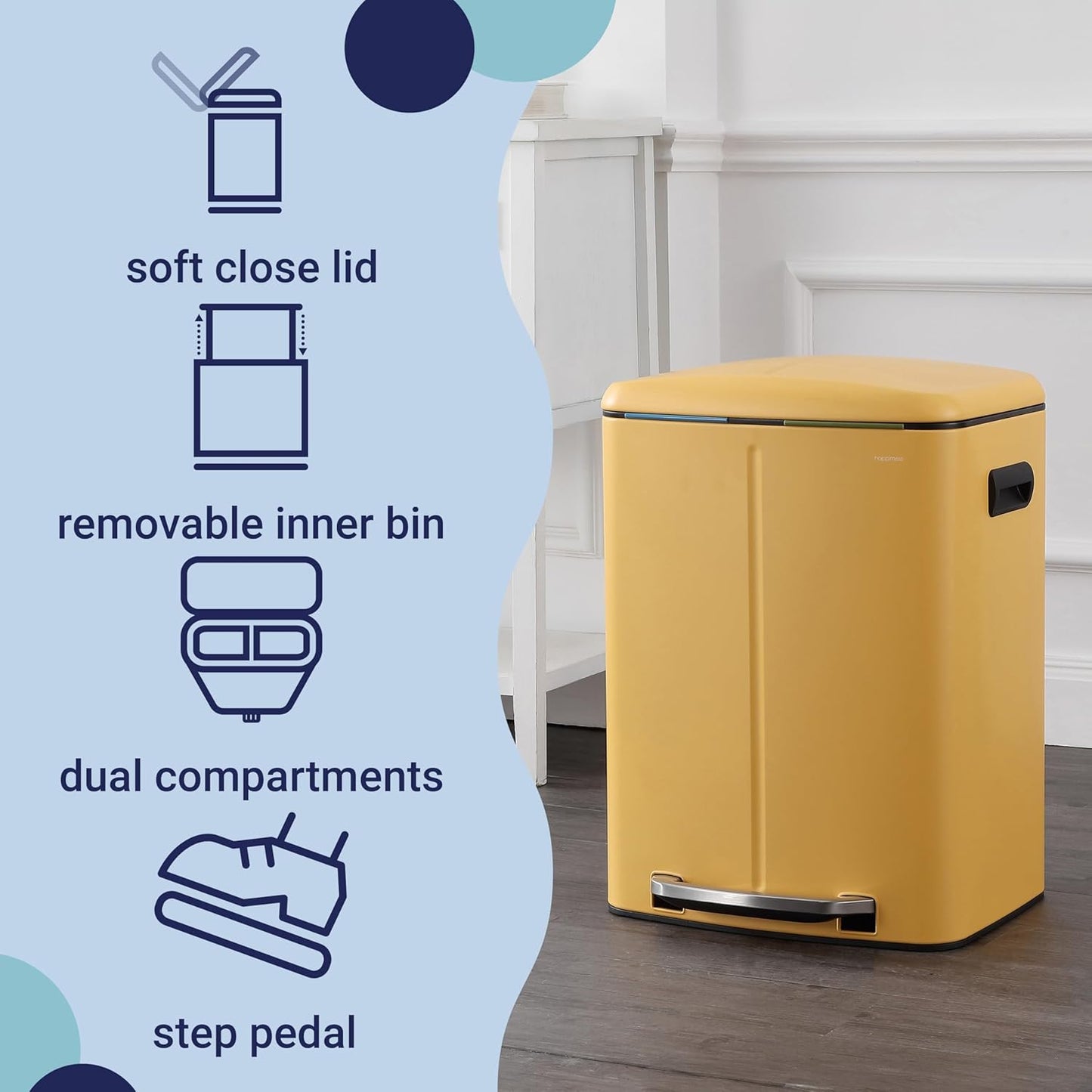 happimess HPM1005L Marco Rectangular 10.6-Gallon Double Bucket Trash Can with Soft-Close Lid, Daffodil Yellow for Home, Kitchen, Bathroom, Living Room, Office