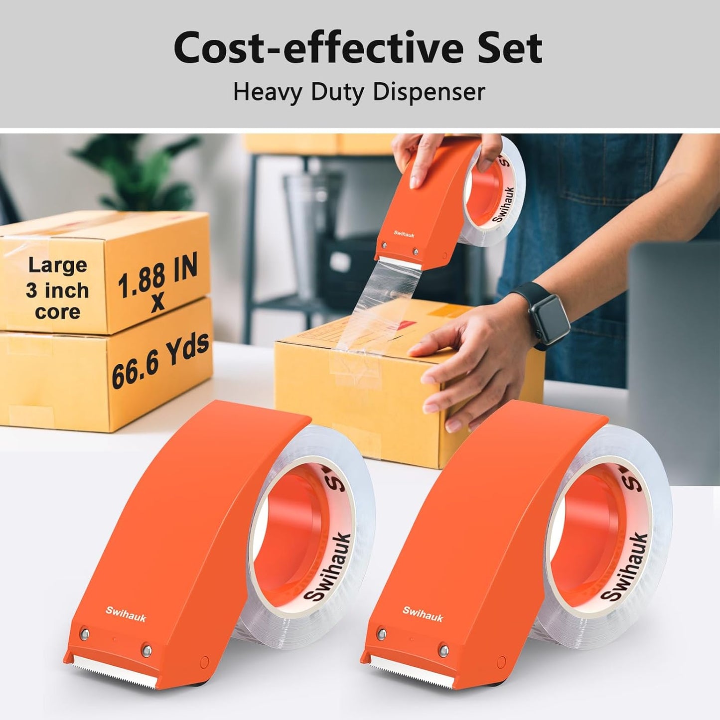 Swihauk 1.88 in x 66.6 YDs Heavy Duty Packing Tape with Dispenser, Strong & Durable Shipping Tape, Packaging Tape, Clear Package Tape for Shipping Moving Storage and Mailing, 2 Roll + 2 Dispenser
