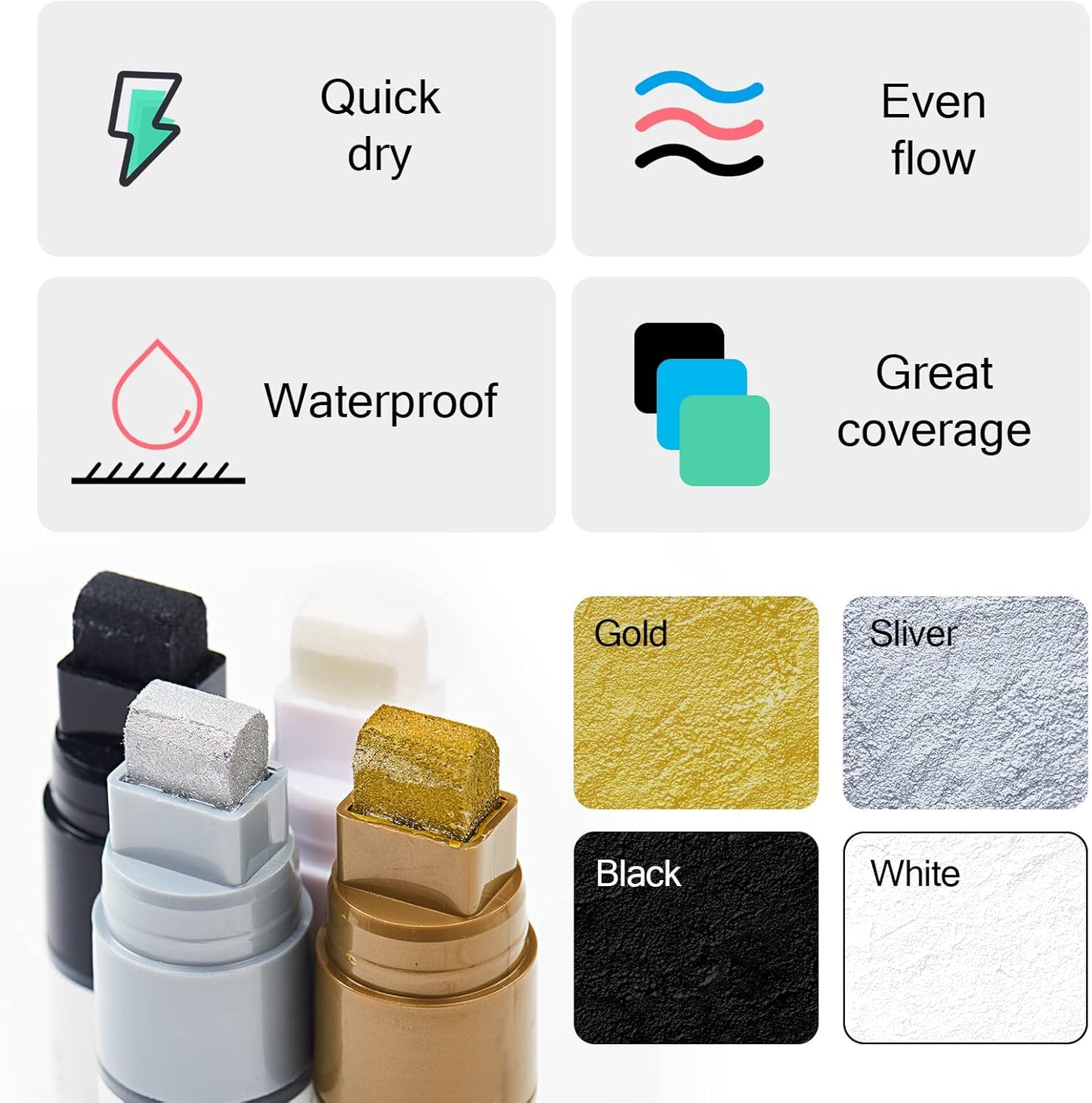 Paint Markers White/Black/Gold/Silver, 4Pcs Jumbo Acrylic Paint Markers Fat Wide Nibs 15mm, Acrylic Paint Pens for Stone, Metal, Wood, Glass, Canvas, Posters Supplies