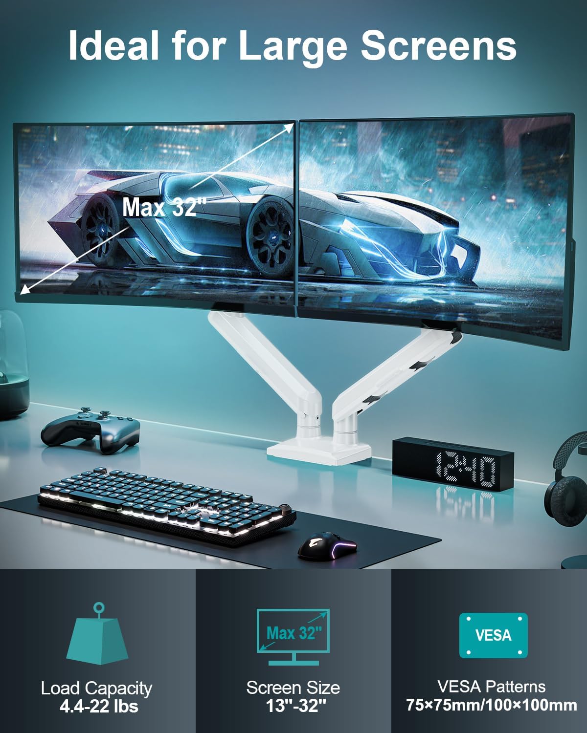 Dual Monitor Mount for 2 Monitors up to 32 inches, Height Adjustable Gas Spring Double Monitor Stand, Two Display Desk Mount Holder, Each Monitor Arm Holds Max 22lbs, VESA Mount, White, Freelift Pro