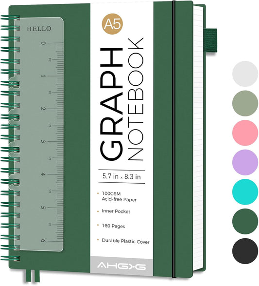 AHGXG Graph Paper Notebook - Spiral Notebook Journal 160 Pages, A5 Graph Notebook 5.7" x 8.3", 100 gsm Thick Grid Paper, Waterproof Plastic Cover, for School Writing Engineering Math, Green