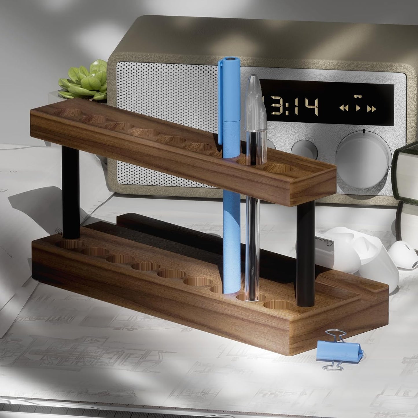 Pencil & Pen Holder for Desk, Solid Walnut Pen Display Stand with 9 Slots and Cell Phone Holder, Aesthetic Pen Organizer for Minimalist Office Desk Decor