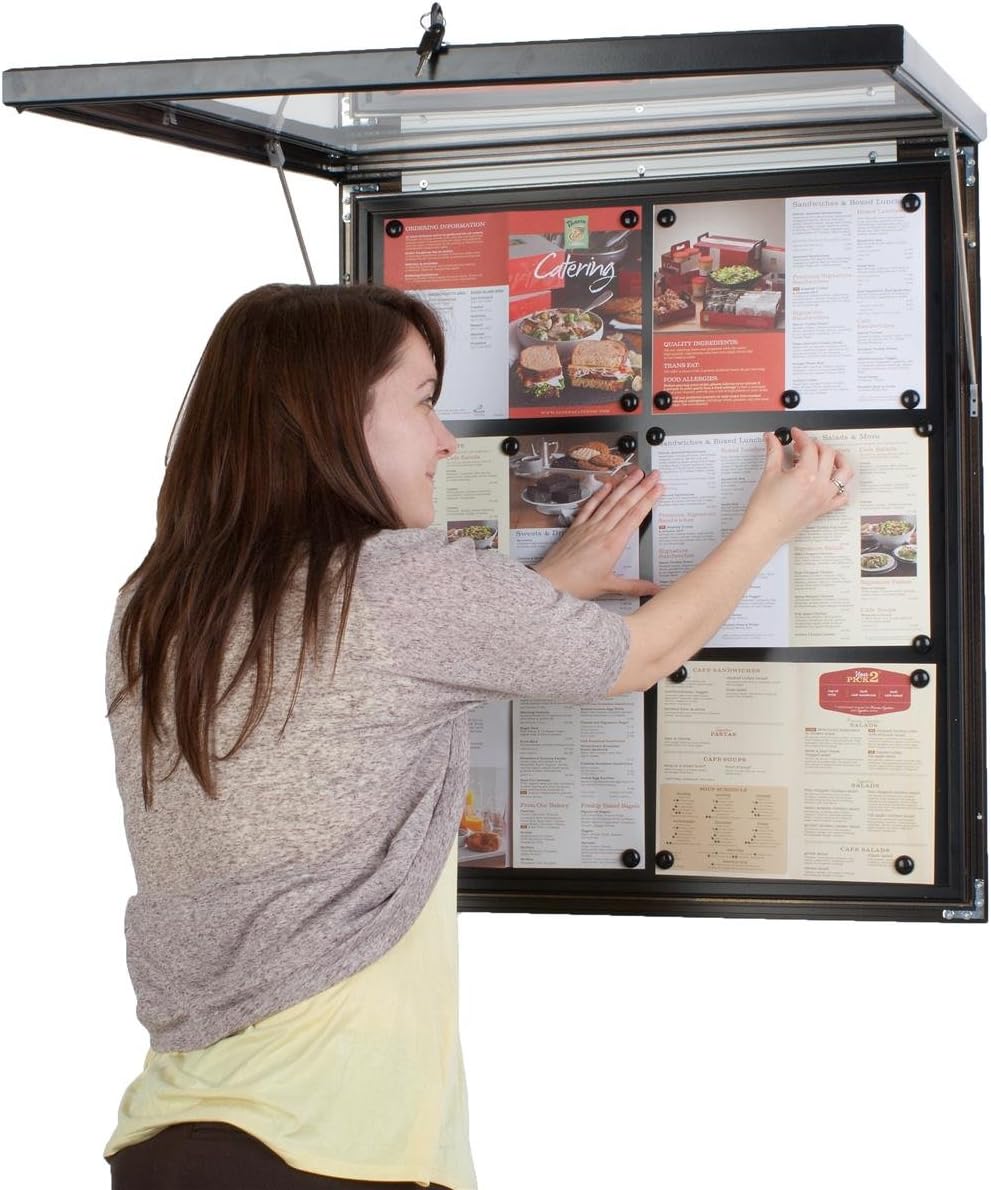 Weather Resistant Bulletin Board with Swing-Open Locking Door, Wall Mounted Notice Board with Magnetic Display Surface, for Indoor or Outdoor Use, Aluminum (Black)