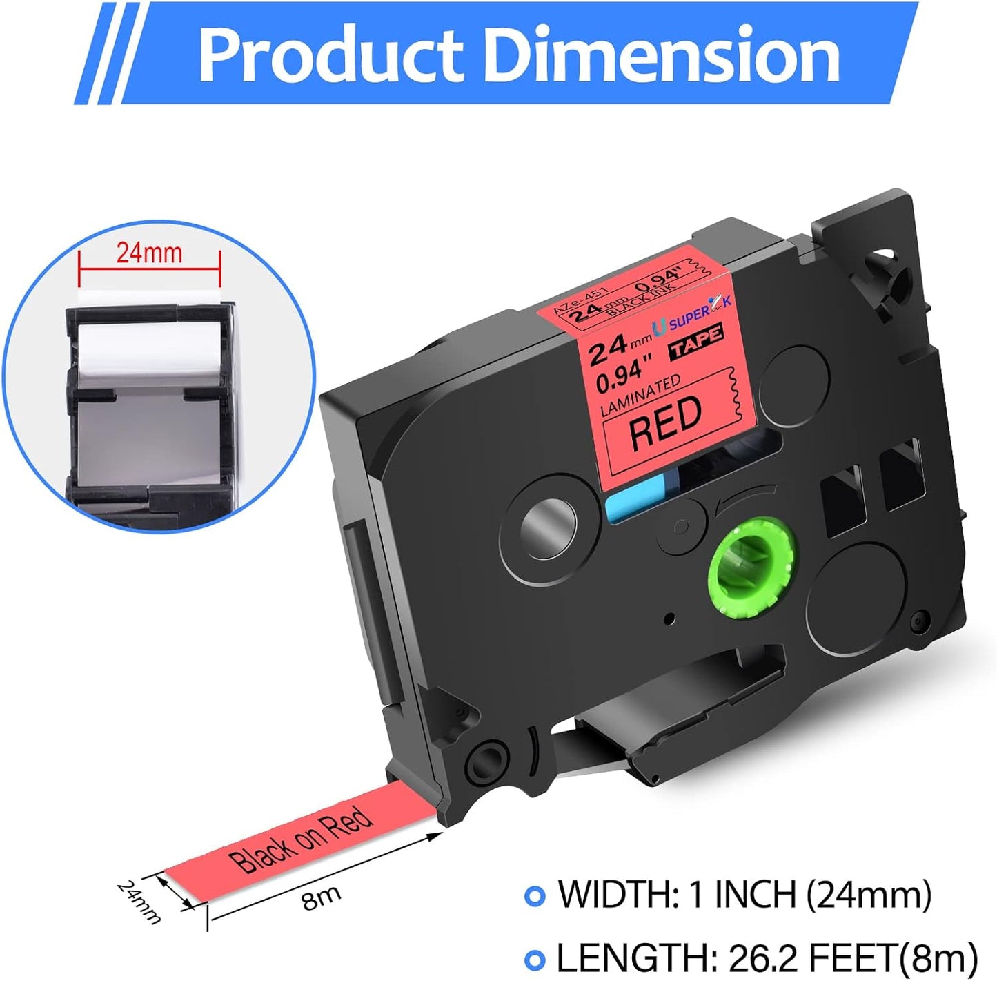 6PK Compatible for Brother P-Touch Label Maker Tape TZe-451 TZ-451 TZe451 TZ451 Black on Red 24mm 0.94 inch 1'' x 26.2ft Laminated TZe TZ Label Tape for PT-2500PC PT-2600 PT-2610 PT-2700