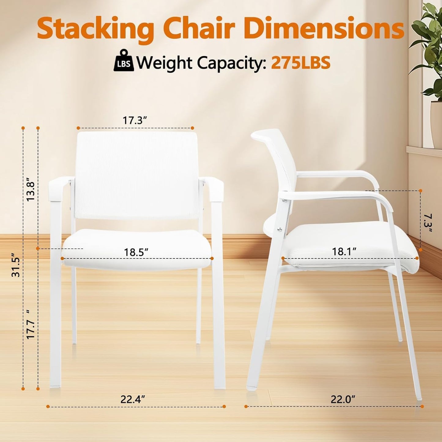 CLATINA Stacking Office Chairs | Mesh Back, Thicken Leather Seat and Arms, Ergonomic Lumber Support | Guest Reception, Waiting, Conference, School, Party, Customer, Side, Stationary | Set of 8, White