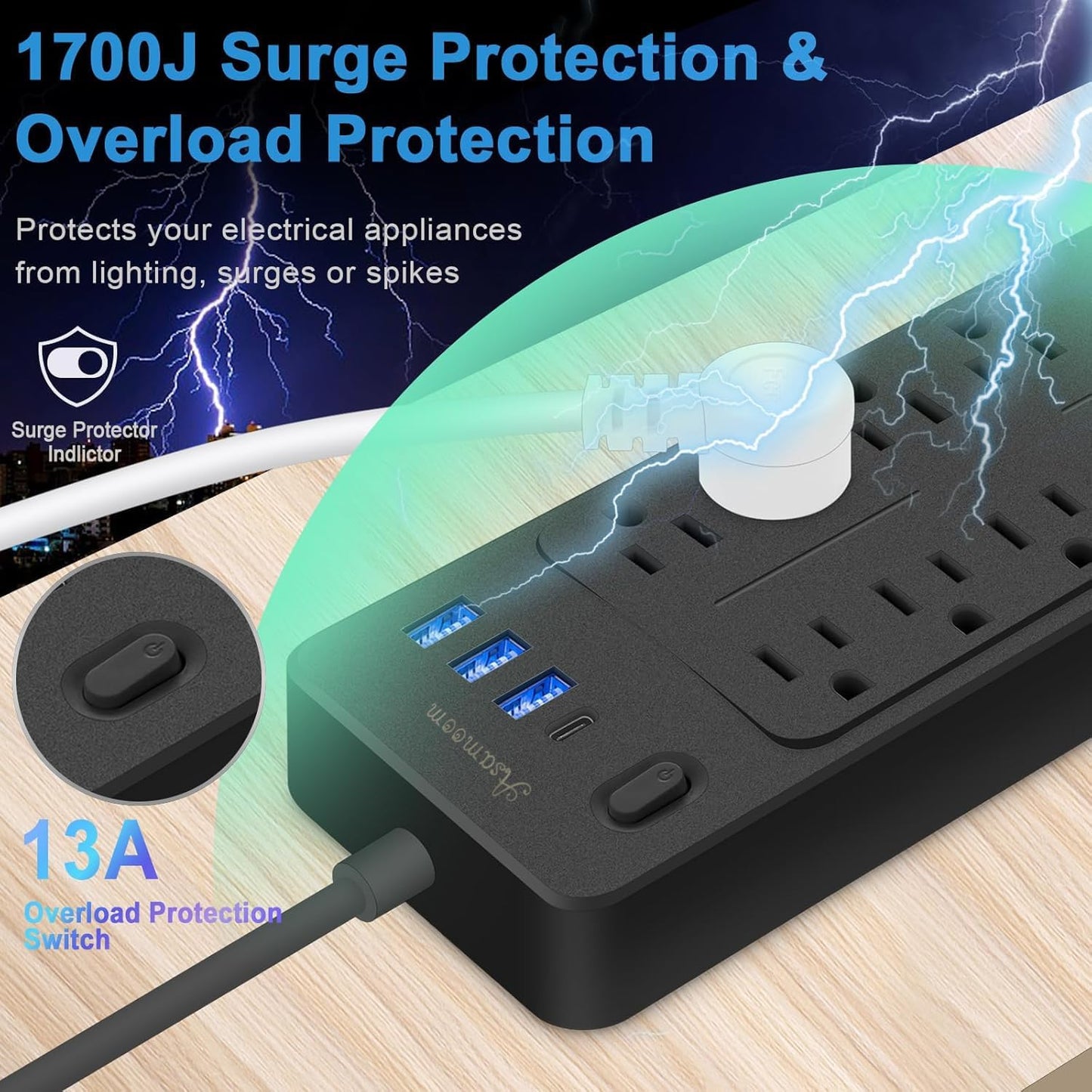25 FT Power Strips with Surge Protection 1625W/13A,10 Outlets with 4 USB Ports (1 USB C) Long Extension Cord with Multiple Outlets 14-in-1 1700J 16Awg Flat Plug Power Strip Protector Black ETL Listed