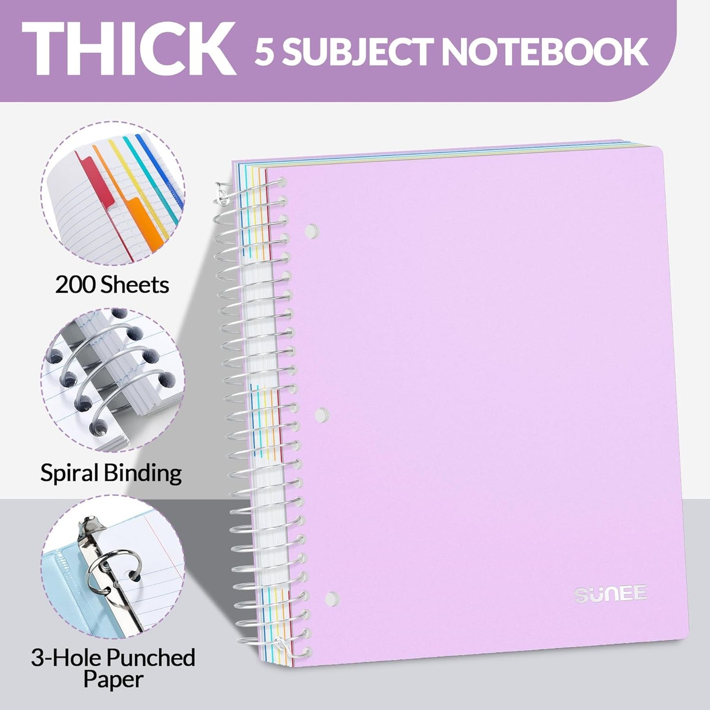 SUNEE 5 Subject Notebook College Ruled - 400 Pages, 9"x11", 5 Pocket Colored Dividers, 3-Hole Punched Paper, Purple