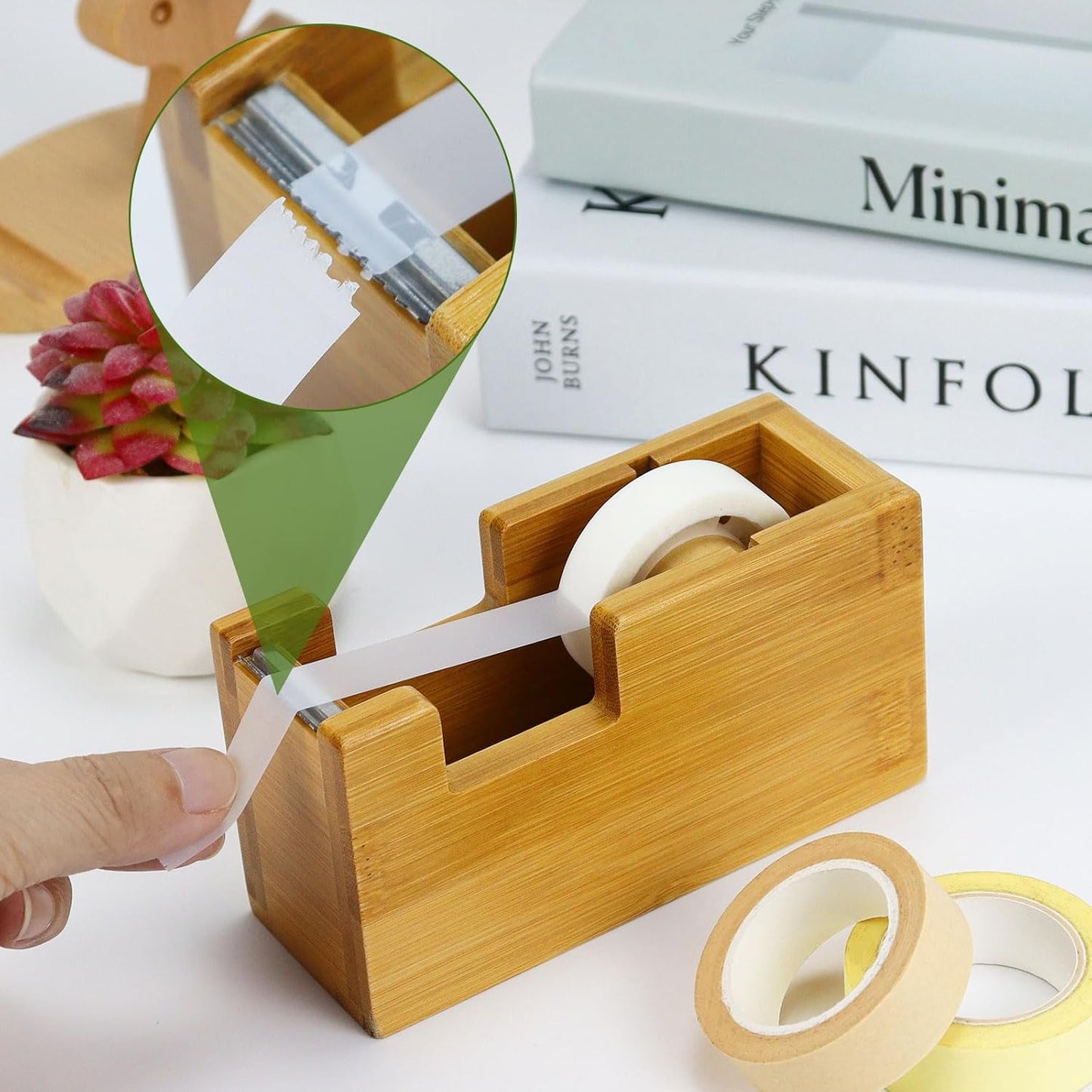 Buqoo Bamboo Office Supplies Desk Organizers, Wood Sticky Notes Holder Tape Dispenser Cutter Wooden Stapler for Office Home School