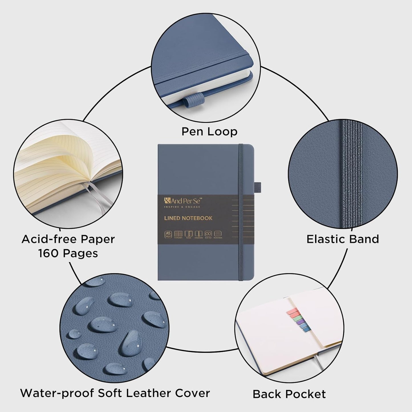 &And Per Se Lined Journal Notebook (5 Packs), 160 Pages, A5 5.7 x 8 inches College Ruled Thick Paper Notebook Journals for Writing, Hardcover Notebooks for Women Men Office School (Dark Blue)