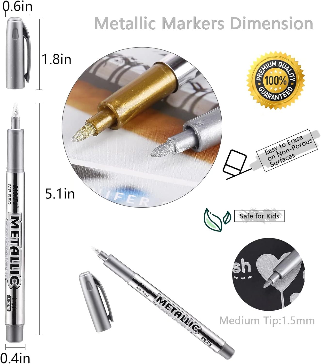 LOONENG Silver Permanent Marker, Fine Point, Acid Free, Non-Toxic Ink, Quick Drying, Ideal for Adult Coloring, Crafts, Gift Cards, Fabric, Photo Albums, 8 Count