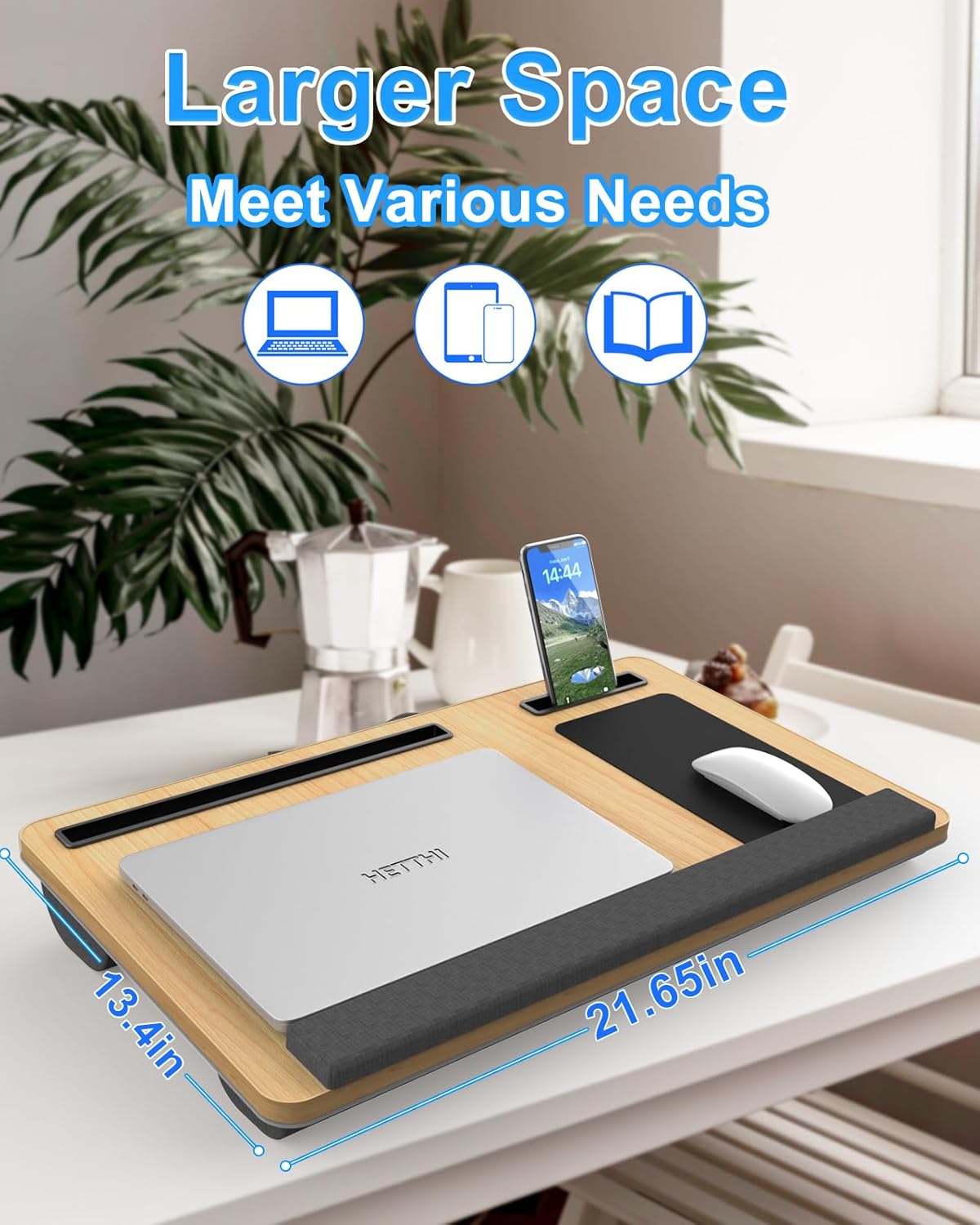 Laptop Lap Desk, Portable Large Laptop Desk for Bed, Up to 17 in Lap Table with Wrist Rest, Mouse Pad, Tablet Phone Slot, Portable Handle, Cushion (Light Brown)