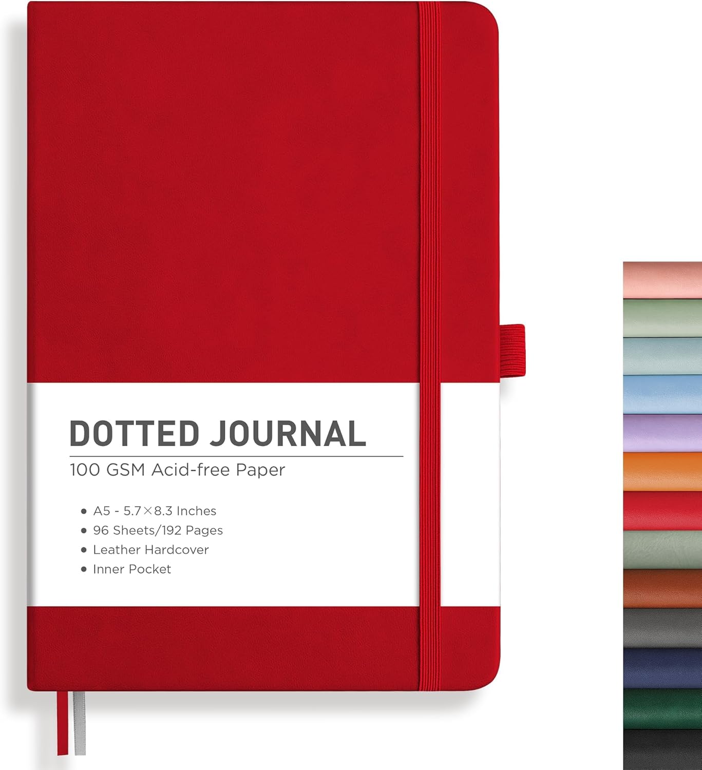 RETTACY Bullet Dotted Journal Notebook, 192 Pages, A5 Medium Size (5.7'' x 8.3''), Leather Hardcover, 100 GSM Thick Paper, for Bullet Journaling, Planning, Tracking (Red)