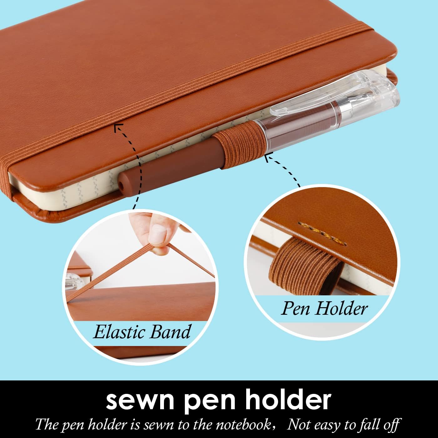 3 Pack Pocket Notebook Journals, Small Notepad Notebooks for Note Taking, A6 Mini Note pads with Pen Holder, 408 Lined Pages, 3.7" x 5.7", Black, Brown, Blue