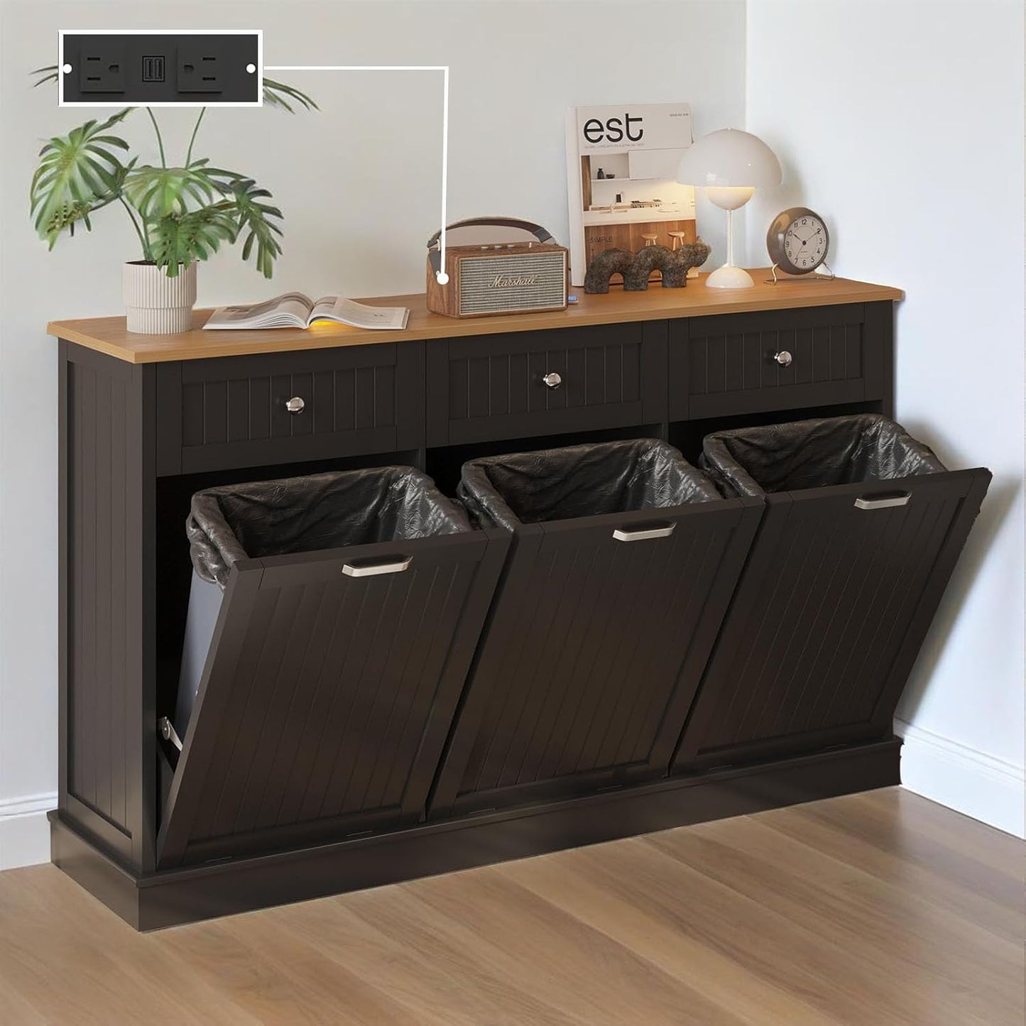 30 Gallon Tilt Out Trash Cabinet, Wooden Kitchen Trash Can Cabinet with Hideaway Drawer, Freestanding Laundry Hamper Garbage Recycling Cabinet on Wheels, Pet Proof, Triple, Black