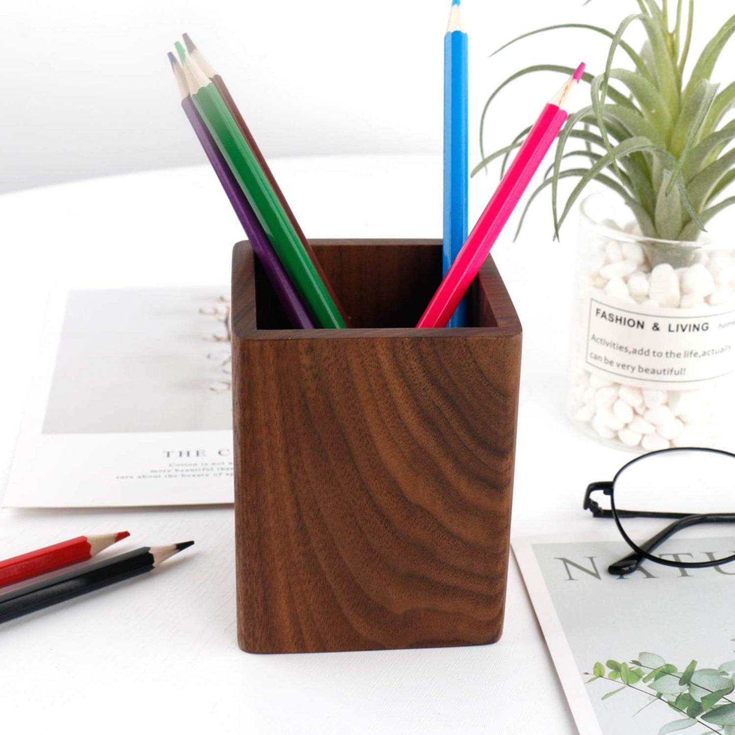 Walnut Pencil Holder Wood Pen Holder For Desk Pen Cup Organizer Ofiice Pencil Stand Simple(Black walnut)