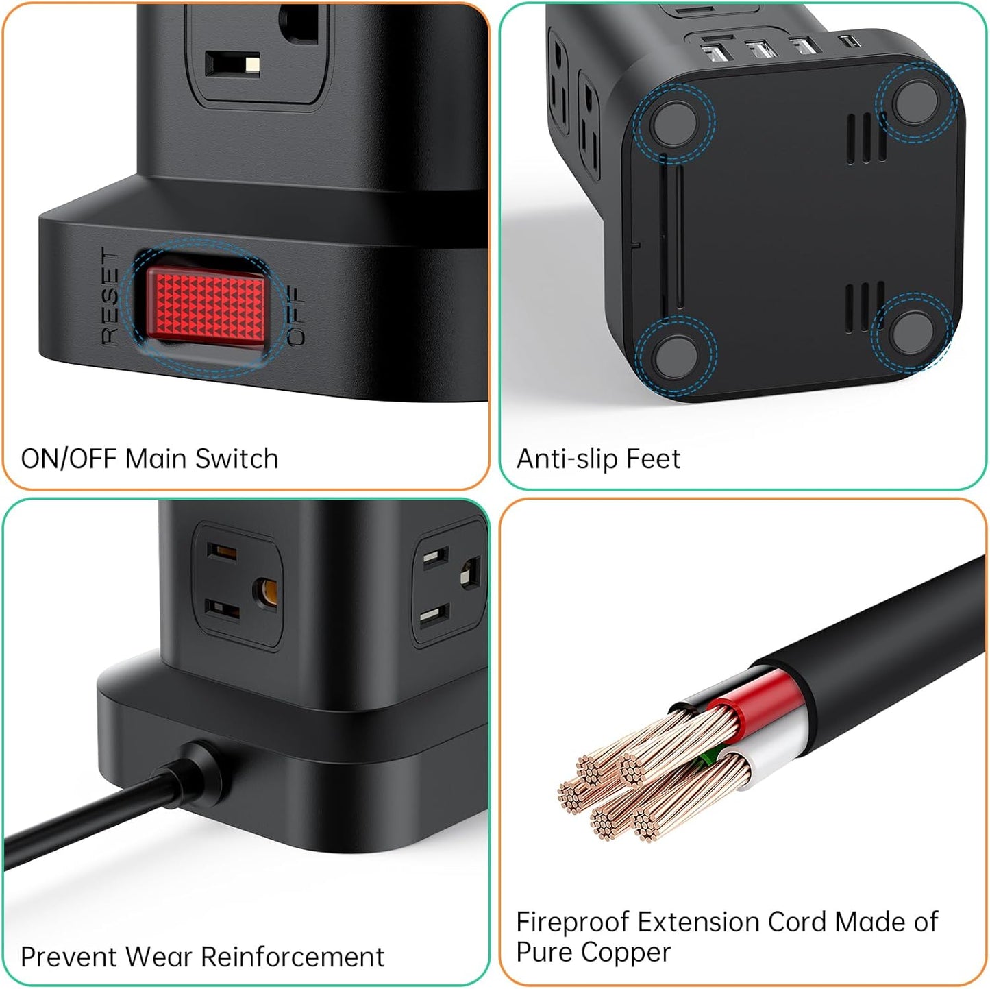 PD20W Surge Protector Power Strip Tower, 15FT Extension Cord with Multiple Outlets, 12 AC 4 USB (1 USB C)，Mini Power Strip with USB Ports, Surge Protector Tower Overload Protection for Office, Desk