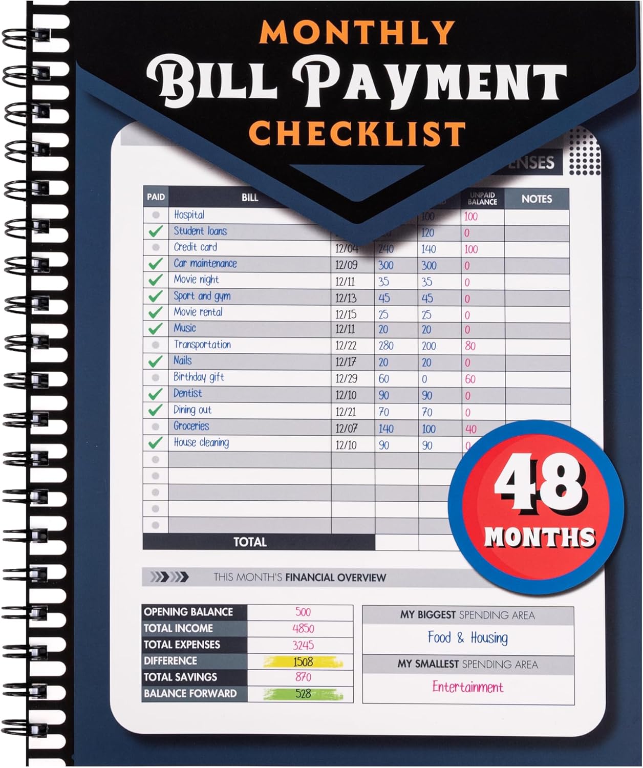 Monthly Bill Payment Checklist: Bill Tracker Notebook With Spiral Binding 8"x10" The 4-Year Guide for Families & Money Managers, 960 Billing Records Included (Blue)