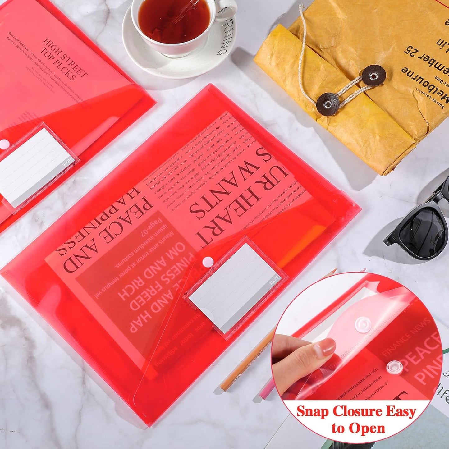 Lincia Plastic Envelopes A4 Size Poly Envelopes File Folders Work Document Holder Office Paper Plastic File Organizer with Label Pocket Snap Button Home Bag for School (Clear Red,48 Pcs)
