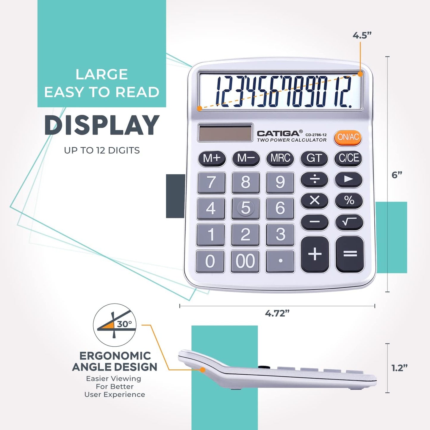 CATIGA 12 Digits Desktop Calculator with Large LCD Display, Dual Solar Power and Battery, Standard Function for Office, Home, School, CD-2786