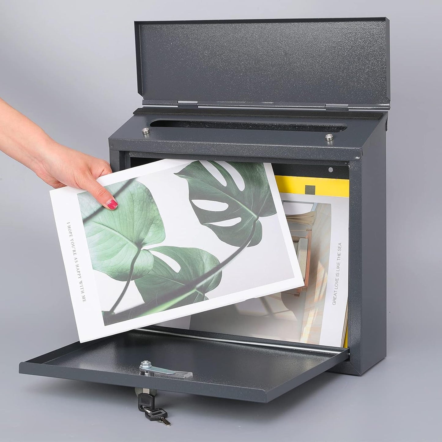 xydled Mail Boxes with Key Lock,Locking Mailbox Wall Mounted, Large Capacity, Galvanized Steel Cover Metal Postbox for House, 14 X 12.5 X 4.25 Inch, Grey