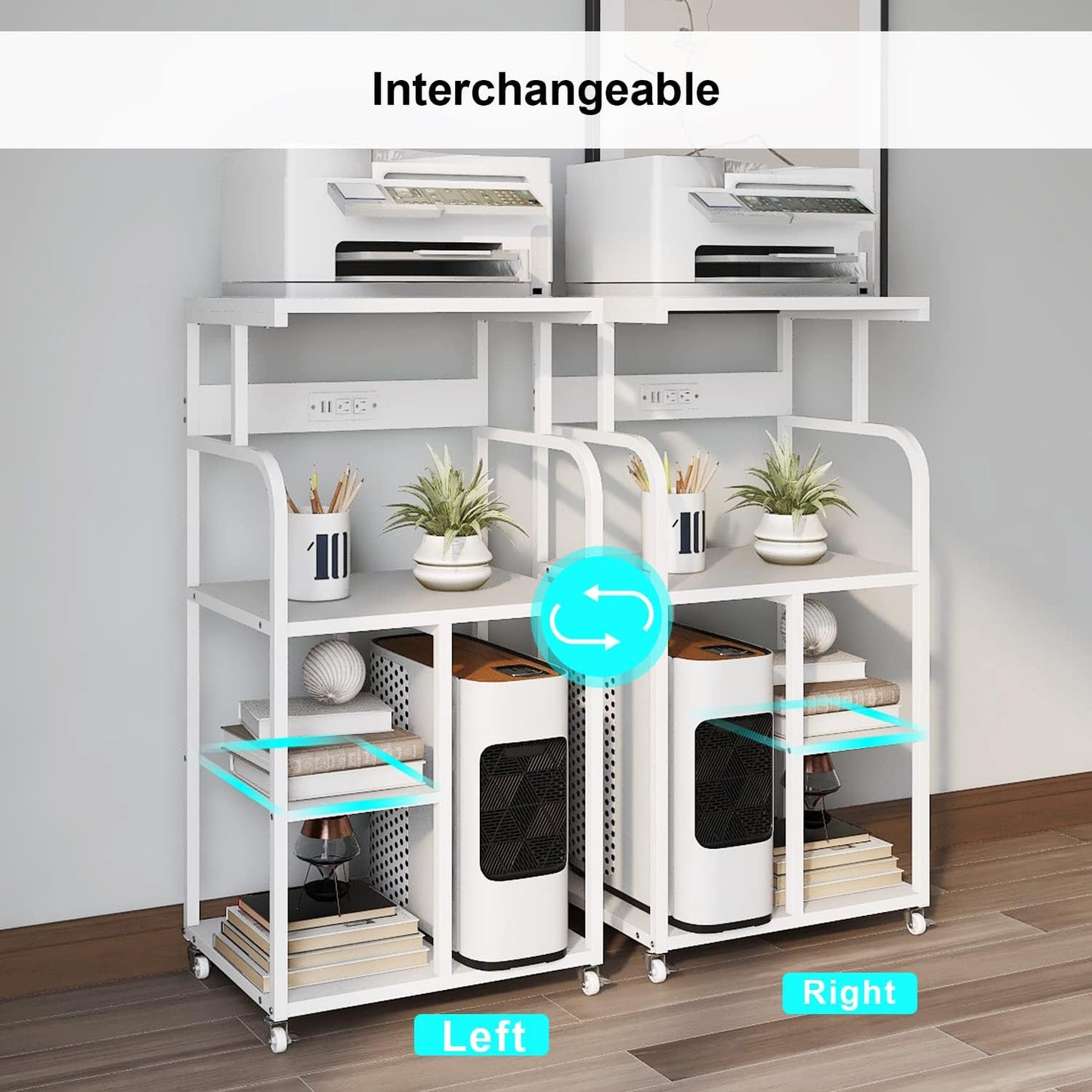 VEDECASA Mobile High Printer Stand with Power Outlet Charging Plugs USB Port Office Storage Shelf Includes Computer Tower CPU Stand Holder with Wheel (White)