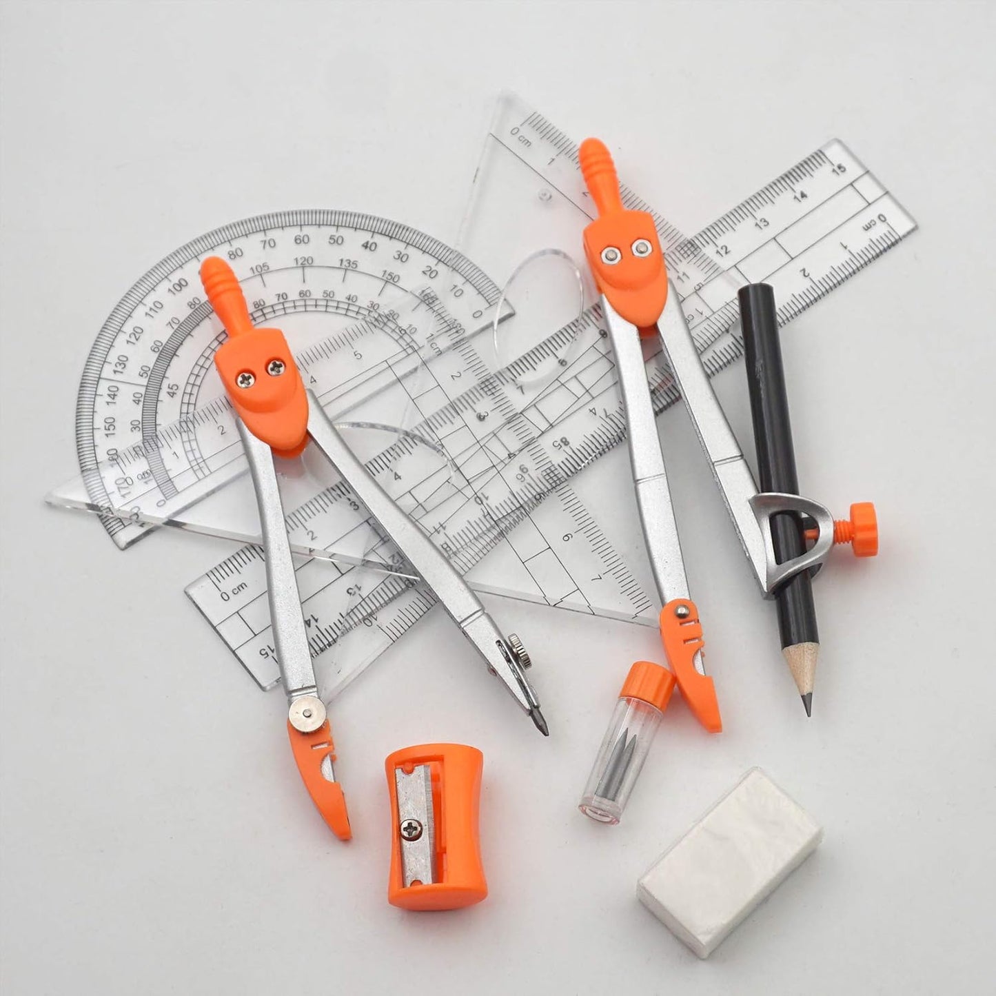 Maths Compasses for Geometry Student Drafting Compass Set Starter Kit with Protractor, Set Squares with Case for School Maths Study, Orange