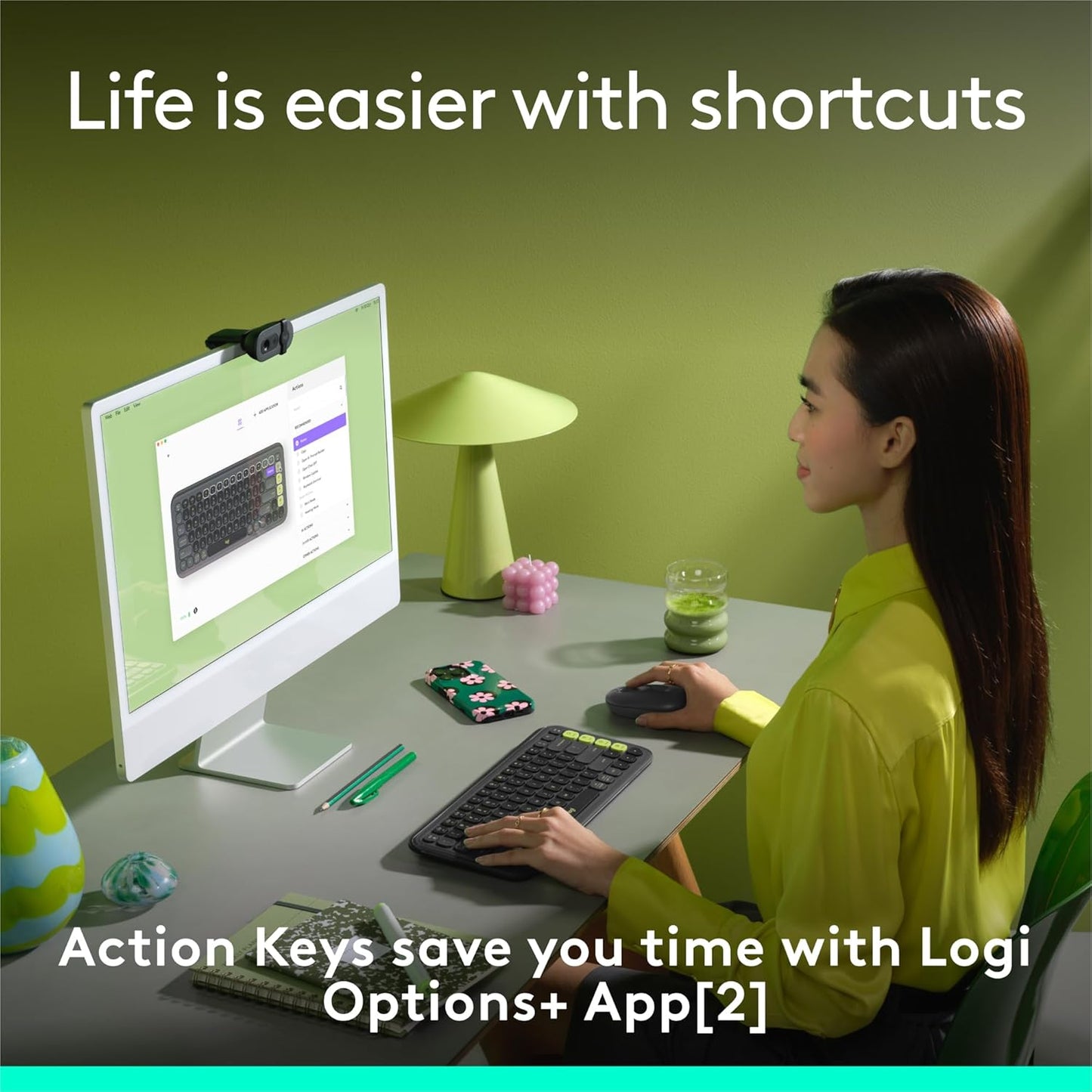 Logitech POP ICON Keys Wireless Bluetooth Keyboard, Comfortable Typing, Programmable Keys, Easy-Switch Between up to 3 Devices, for Laptop, Tablet, PC – Graphite and Green