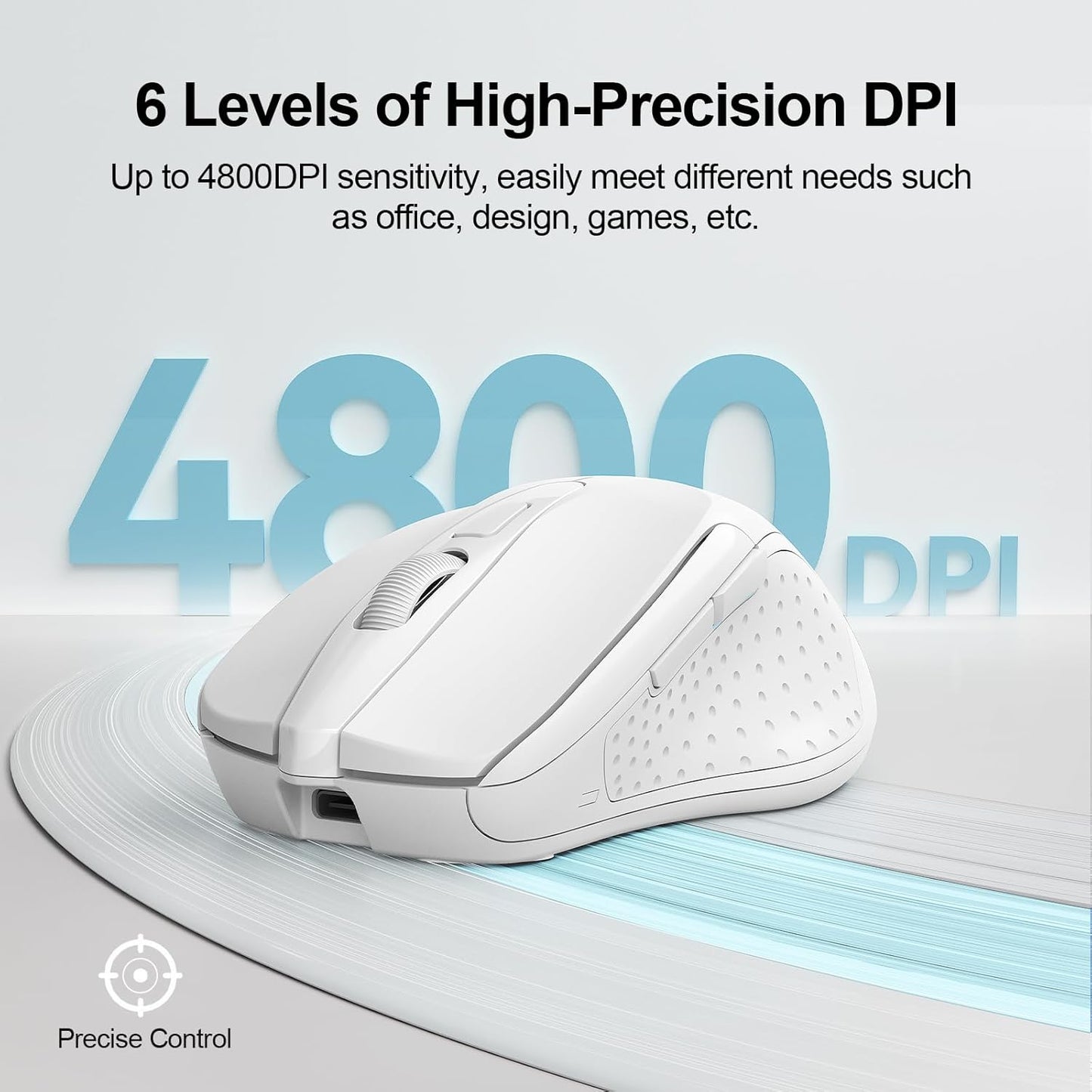 TECKNET Wireless Mouse (BT5.0/3.0 & 2.4G) Rechargeable 4800 DPI Silent USB A & Bluetooth Mouse 6 Buttons, Wide Compatibility - White