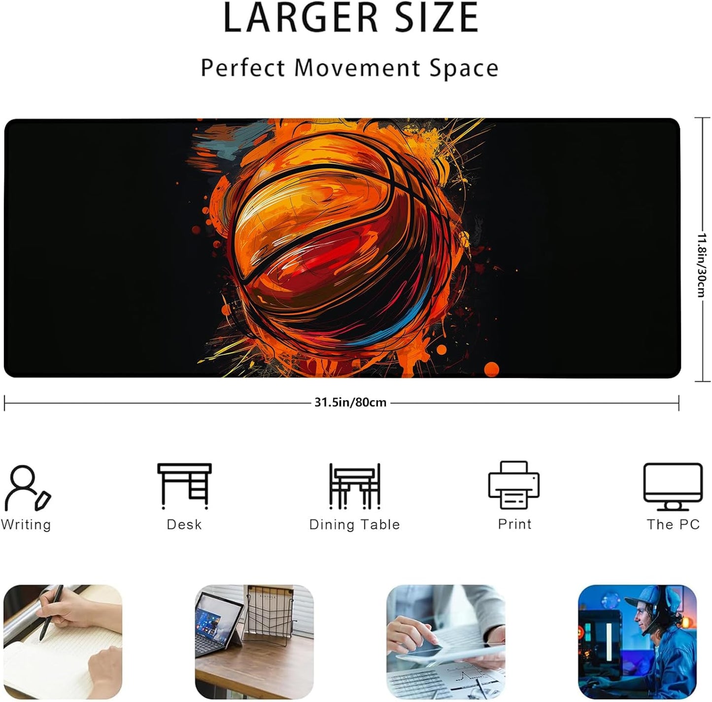Basketball Gaming Mouse Pad Gifts 31.5" x 11.8", Non-Slip Rubber Base MousePads for Computers Laptop School Office Home Accessories Decor, Mouse Pad, Keyboard Desk Mat